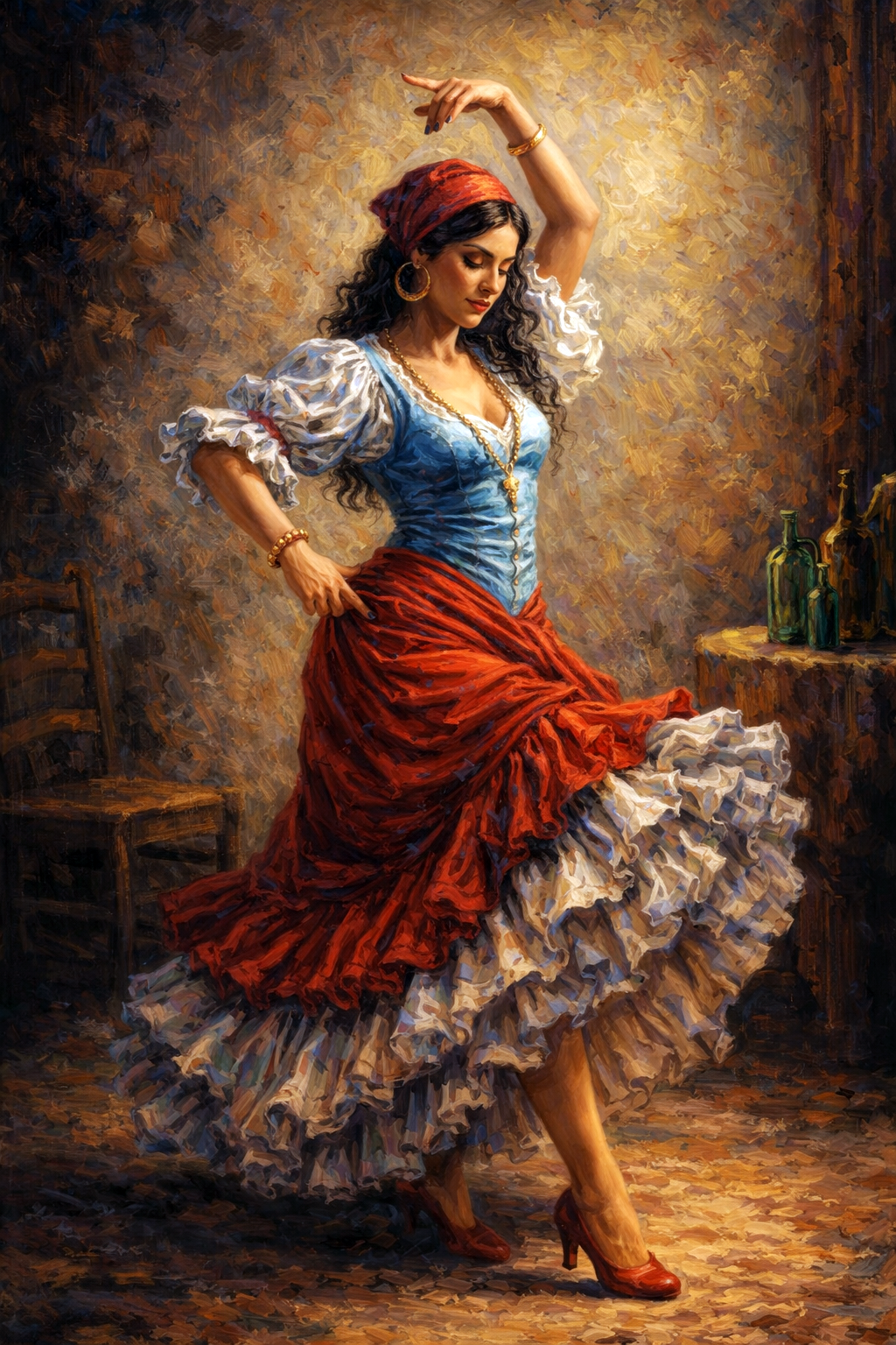 Schilderachtig beeld van een flamenco danseres in rode rok en blauwe top met elegante danshouding