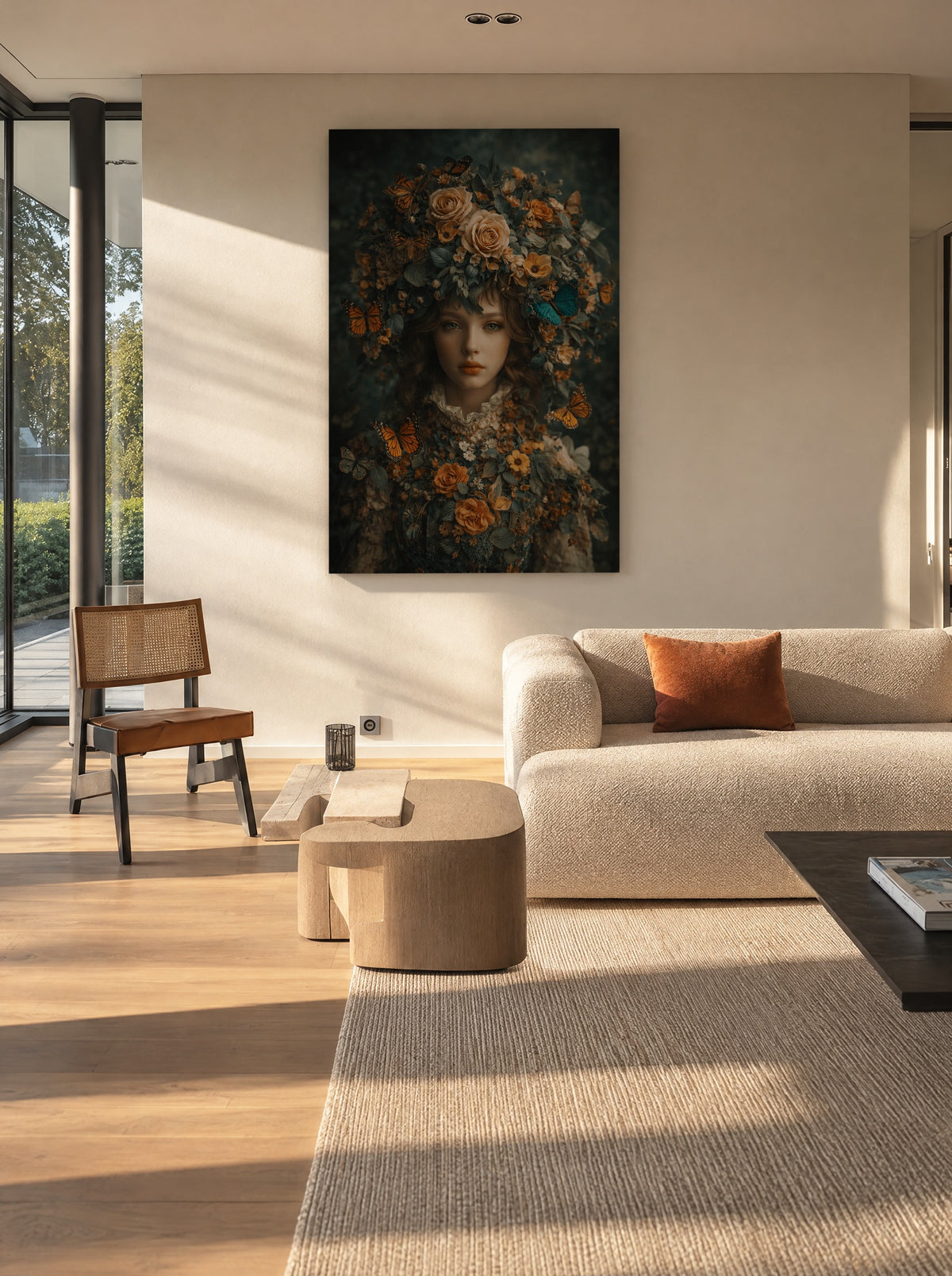 Fluistering van Vlinders en Bloemen als canvas zonder lijst aan de muur