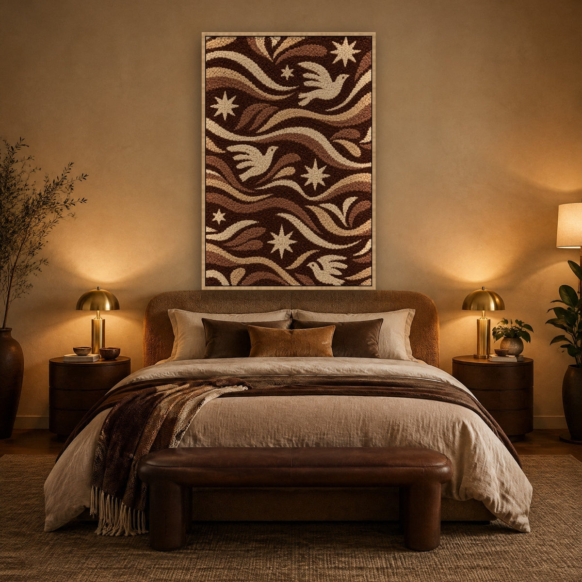 Folkweefsel met Duiven en Sterren Schilderij met natuur houten lijst aan de muur in de slaapkamer