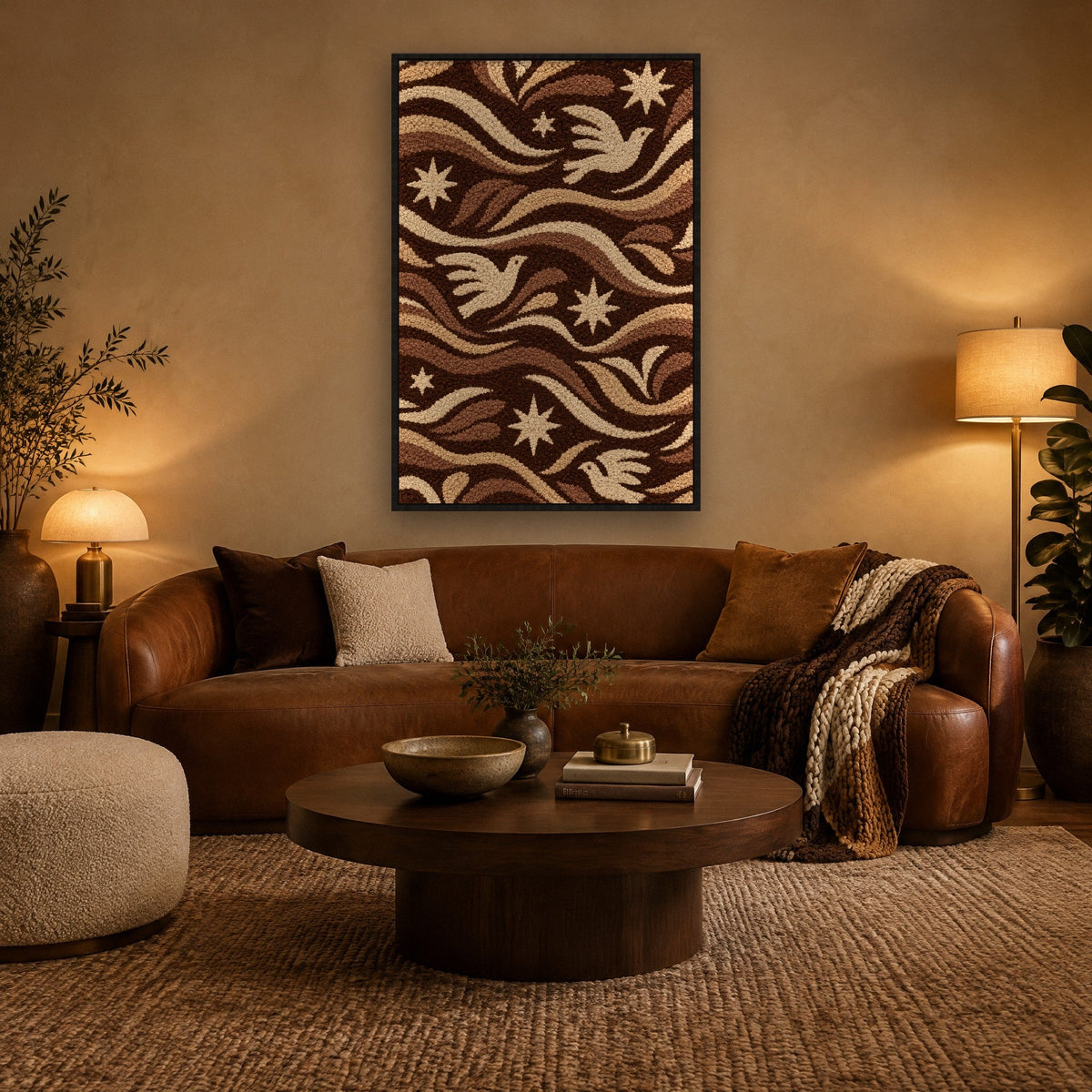 Folkweefsel met Duiven en Sterren Schilderij met zwarte lijst aan de muur in de woonkamer