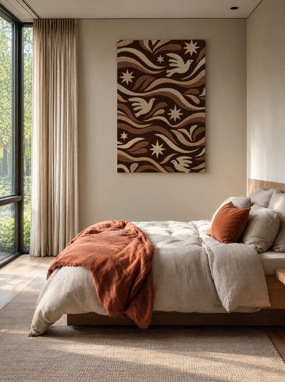Folkweefsel met Duiven en Sterren als canvas zonder lijst aan de muur