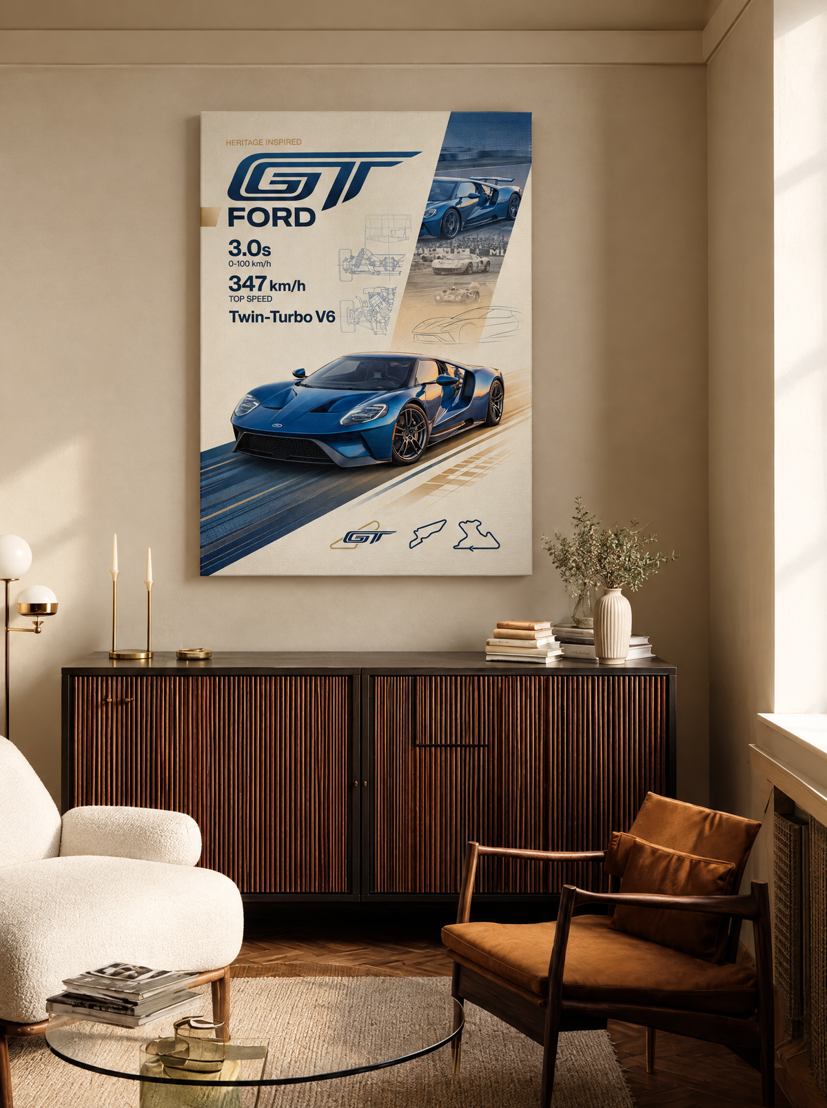 Ford GT als canvas zonder lijst aan de muur