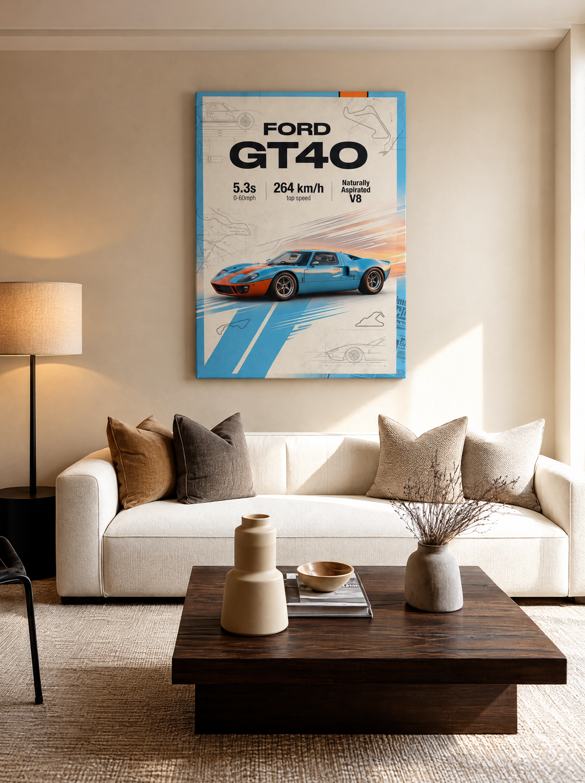 Ford GT40 als canvas zonder lijst aan de muur