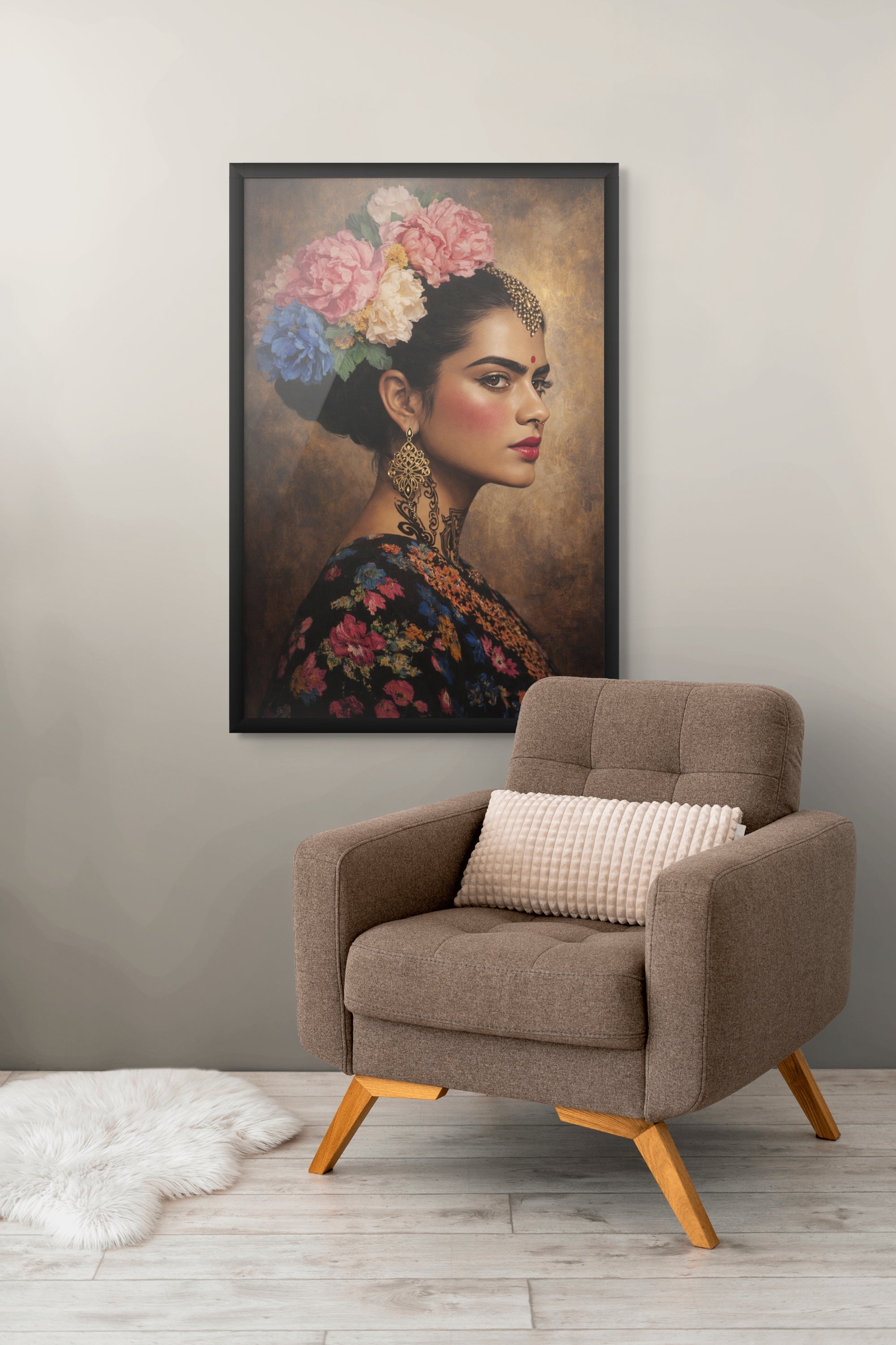 Bloemen Vrouw Portret Wanddecoratie – Vuurkroon Canvas Schilderij