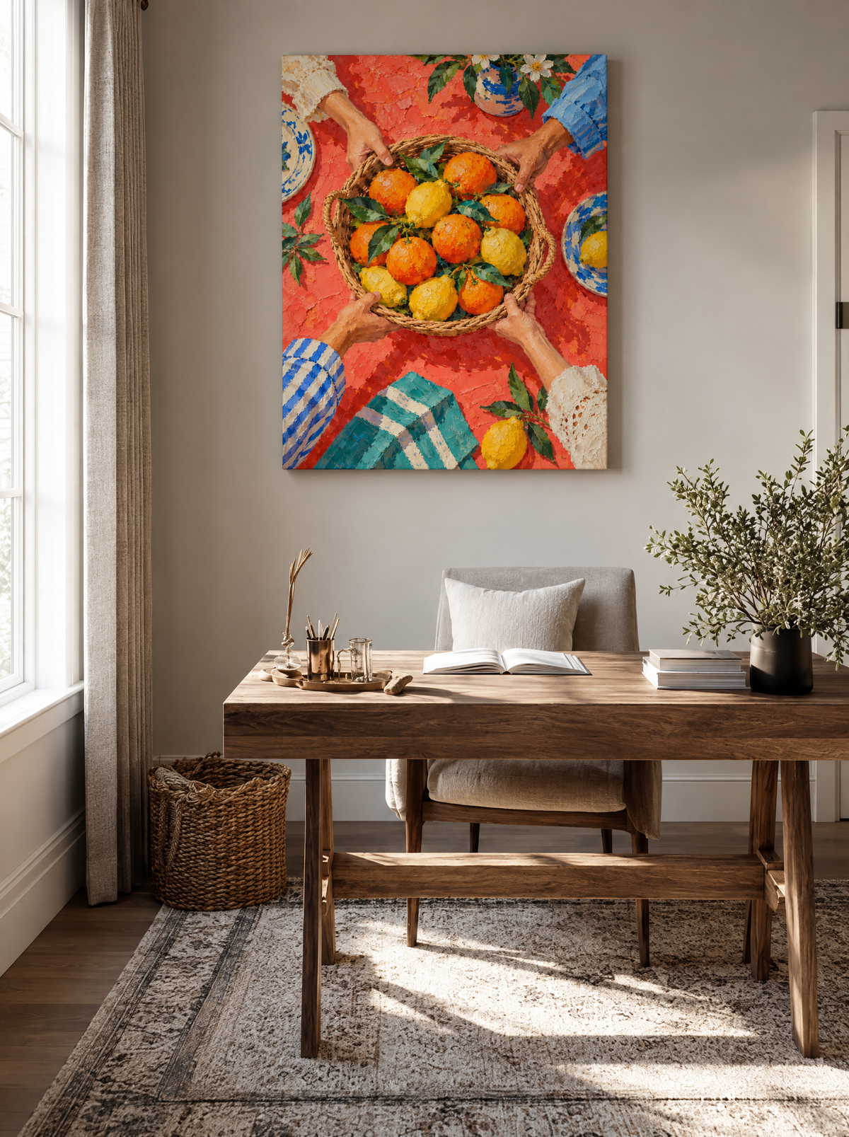 Gedeelde Citrusmand als canvas zonder lijst aan de muur
