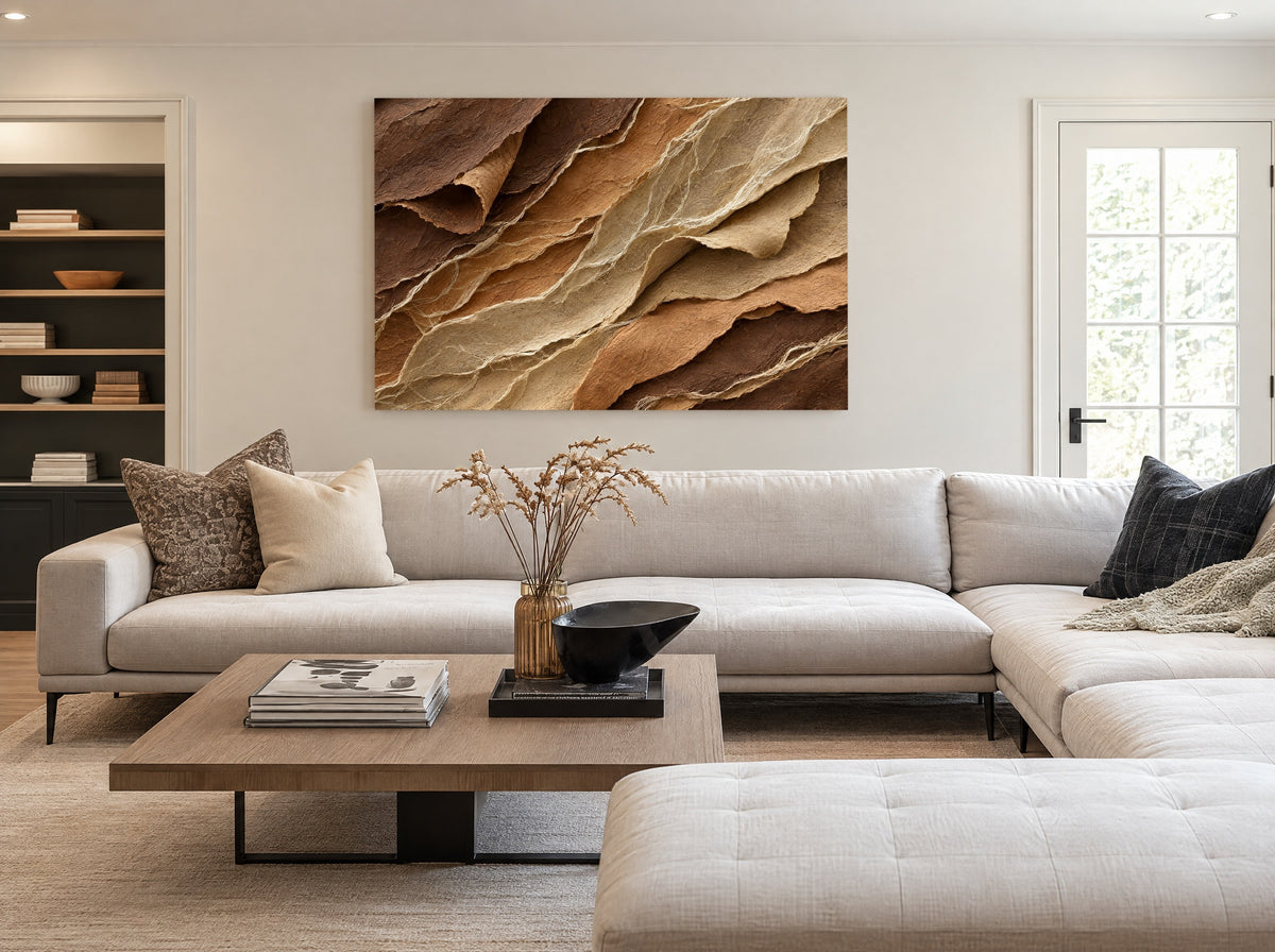 Gelaagde Schors in Cognac als canvas zonder lijst aan de muur