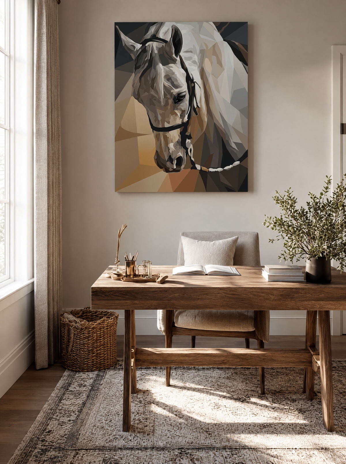 Geometric White Horse Portrait als canvas zonder lijst aan de muur