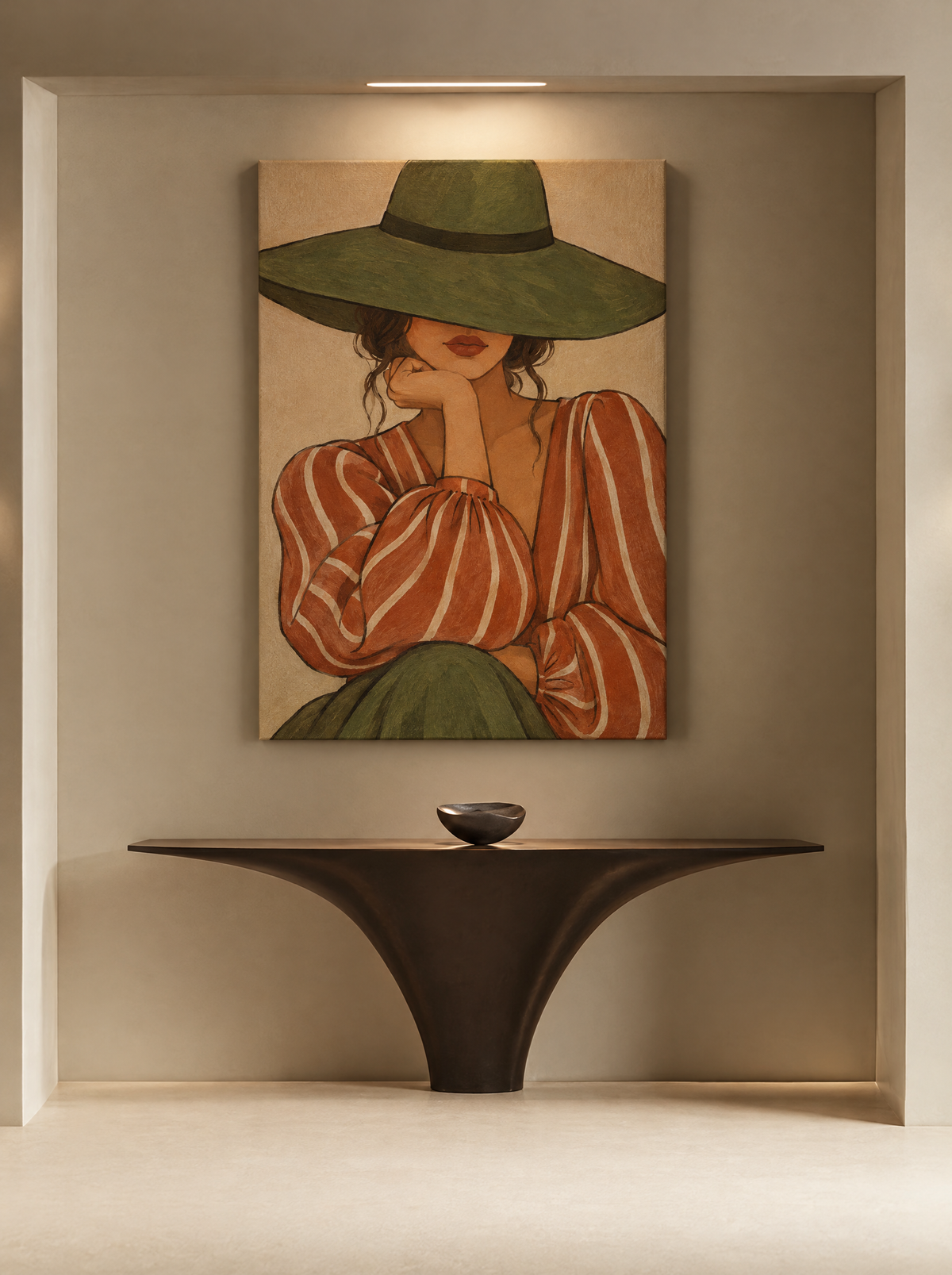 Gestreepte Blouse en Groene Hoed als canvas zonder lijst aan de muur