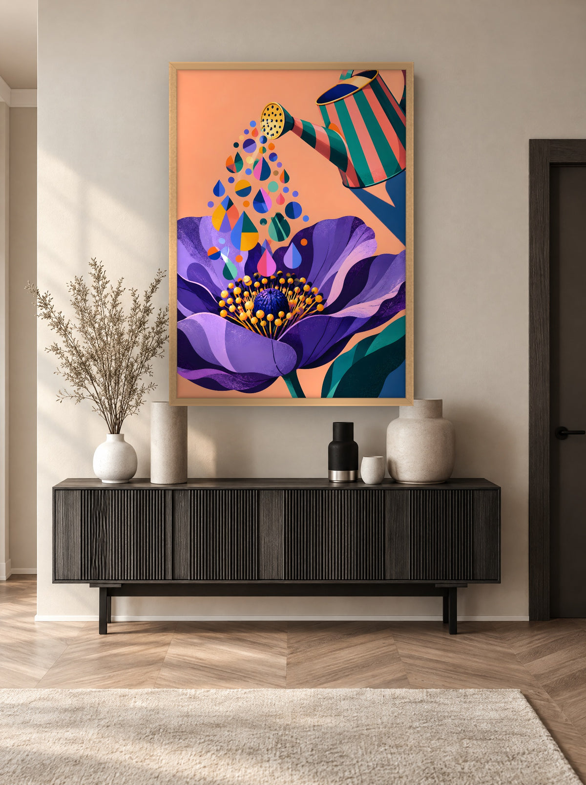Gestreepte Gieter met Kleurdruppels met natuur houten lijst aan de muur