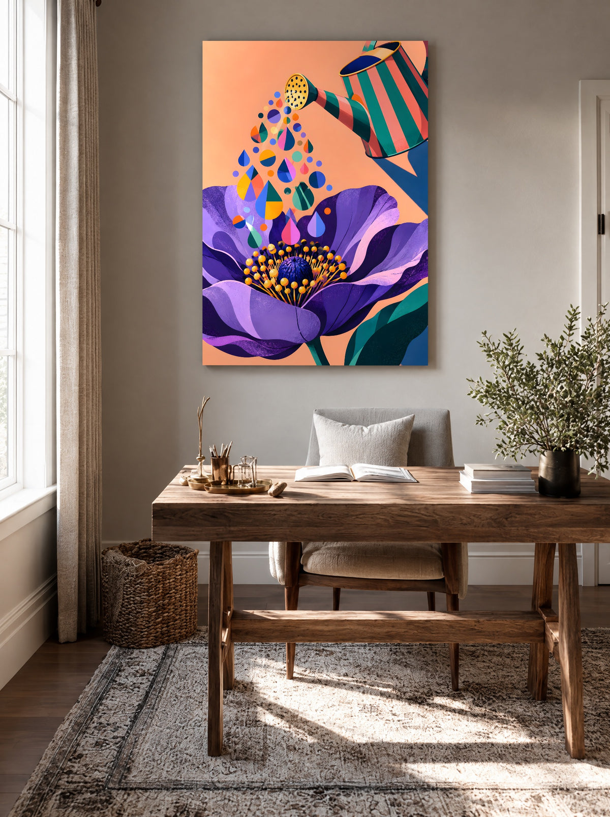 Gestreepte Gieter met Kleurdruppels als canvas zonder lijst aan de muur