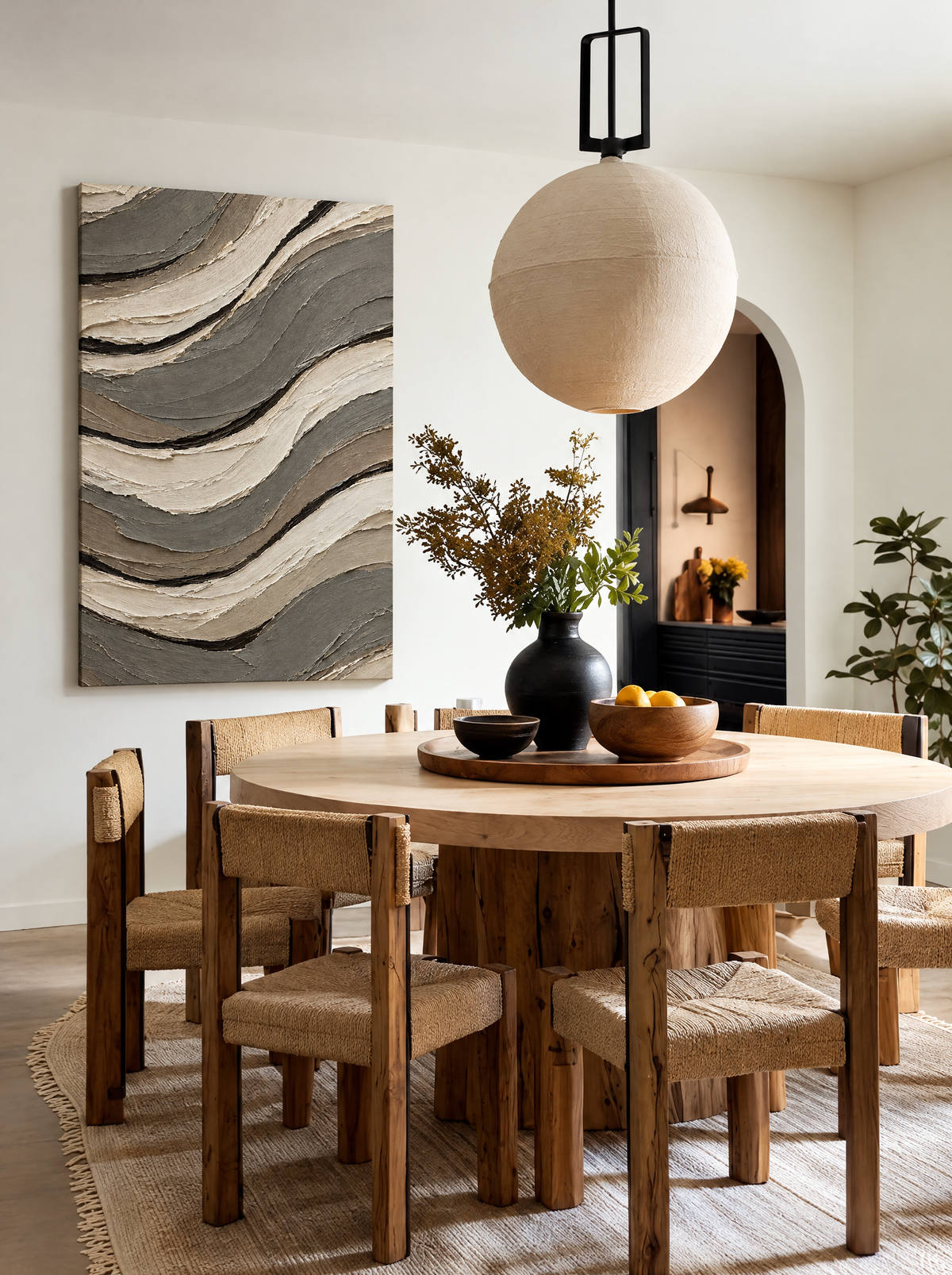 Getijdenlijnen in Grijs en Taupe als canvas zonder lijst aan de muur