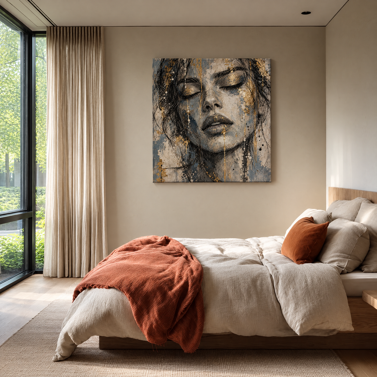 Gezicht met Gouddruppels als canvas zonder lijst aan de muur