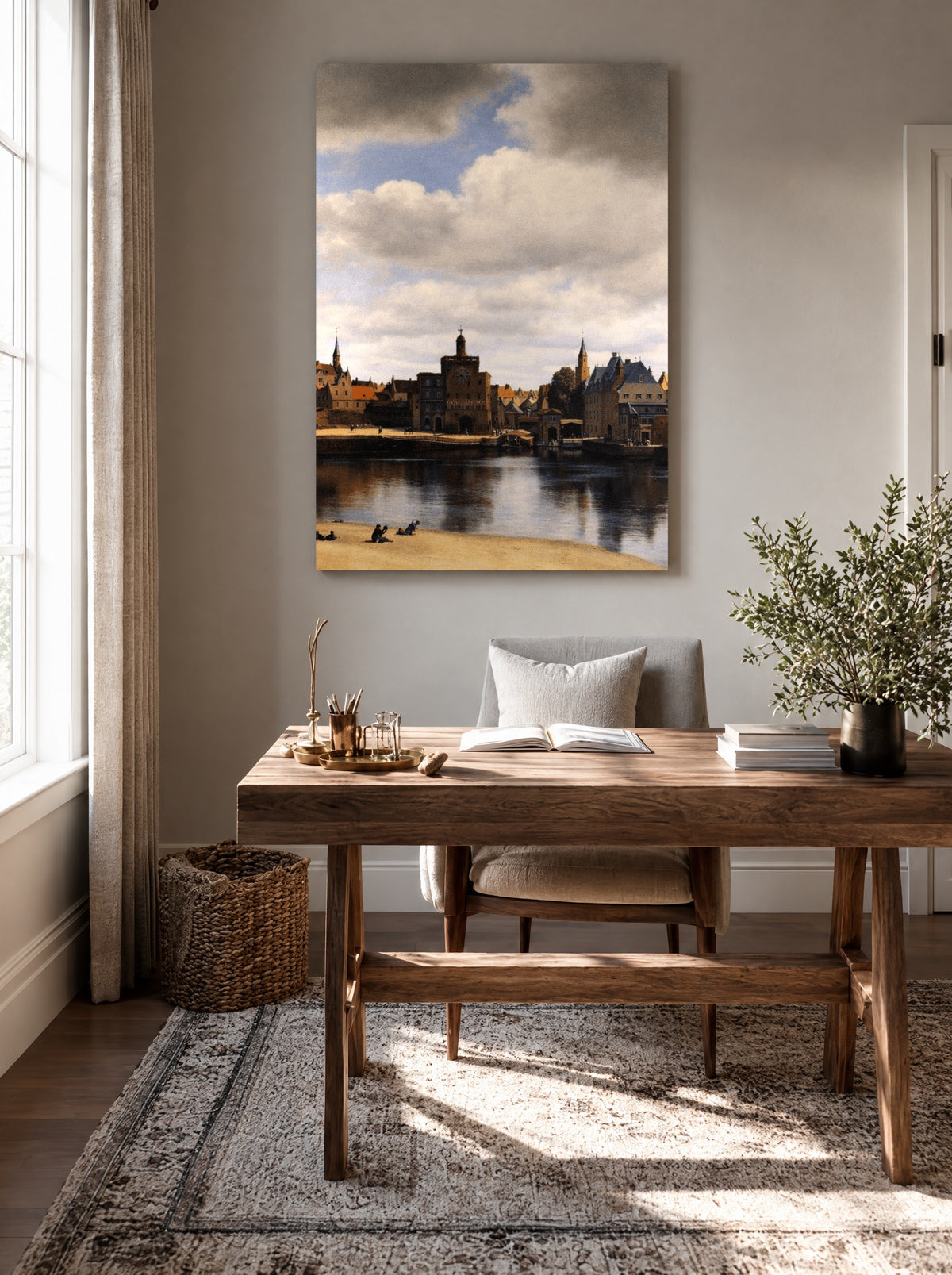 Gezicht op Delft als canvas zonder lijst aan de muur