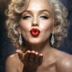 Glamoureus retro portret van een blonde vrouw die een kus blaast met rode lippenstift