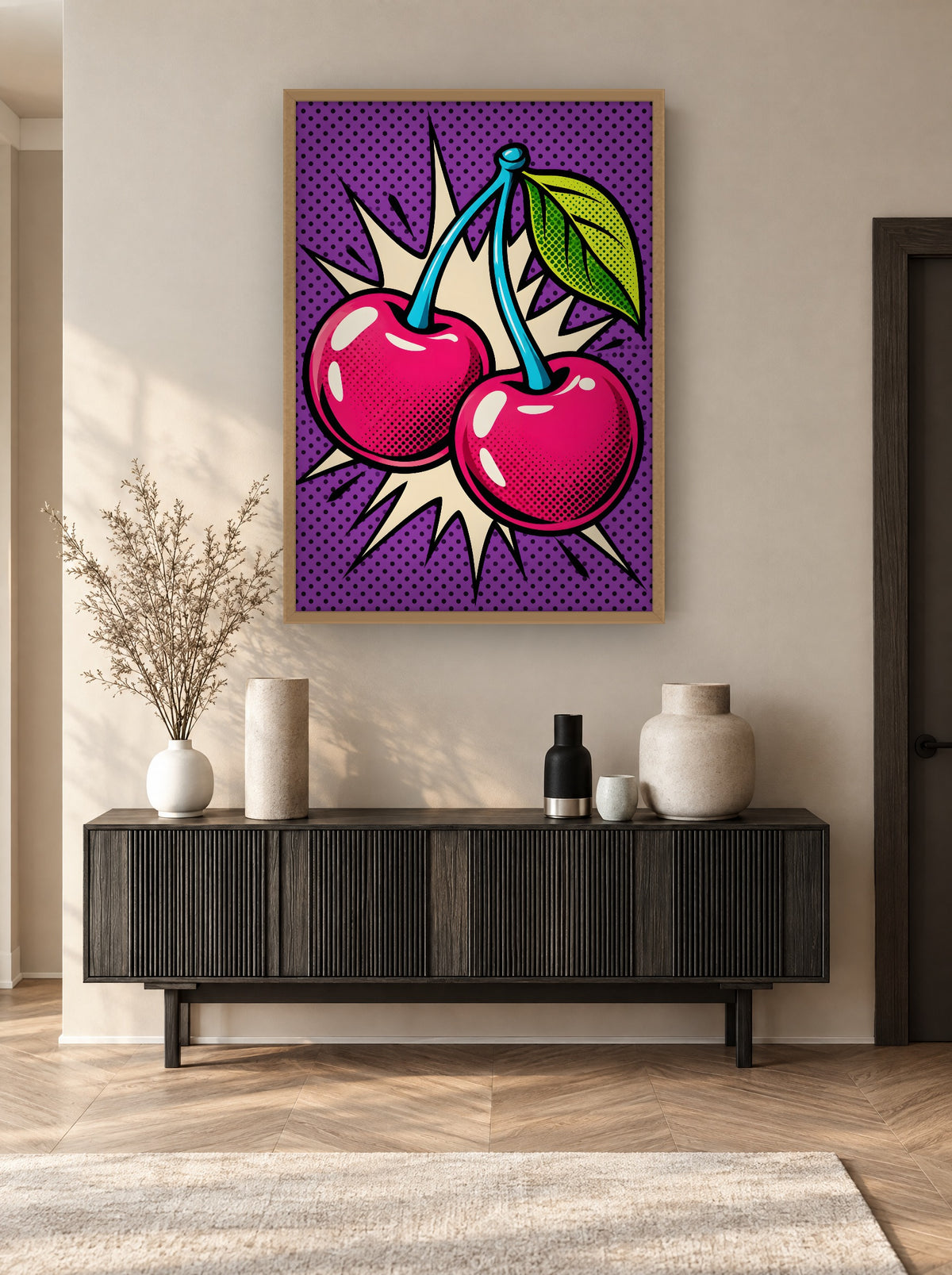Glanzende Kersen Popart met natuur houten lijst aan de muur