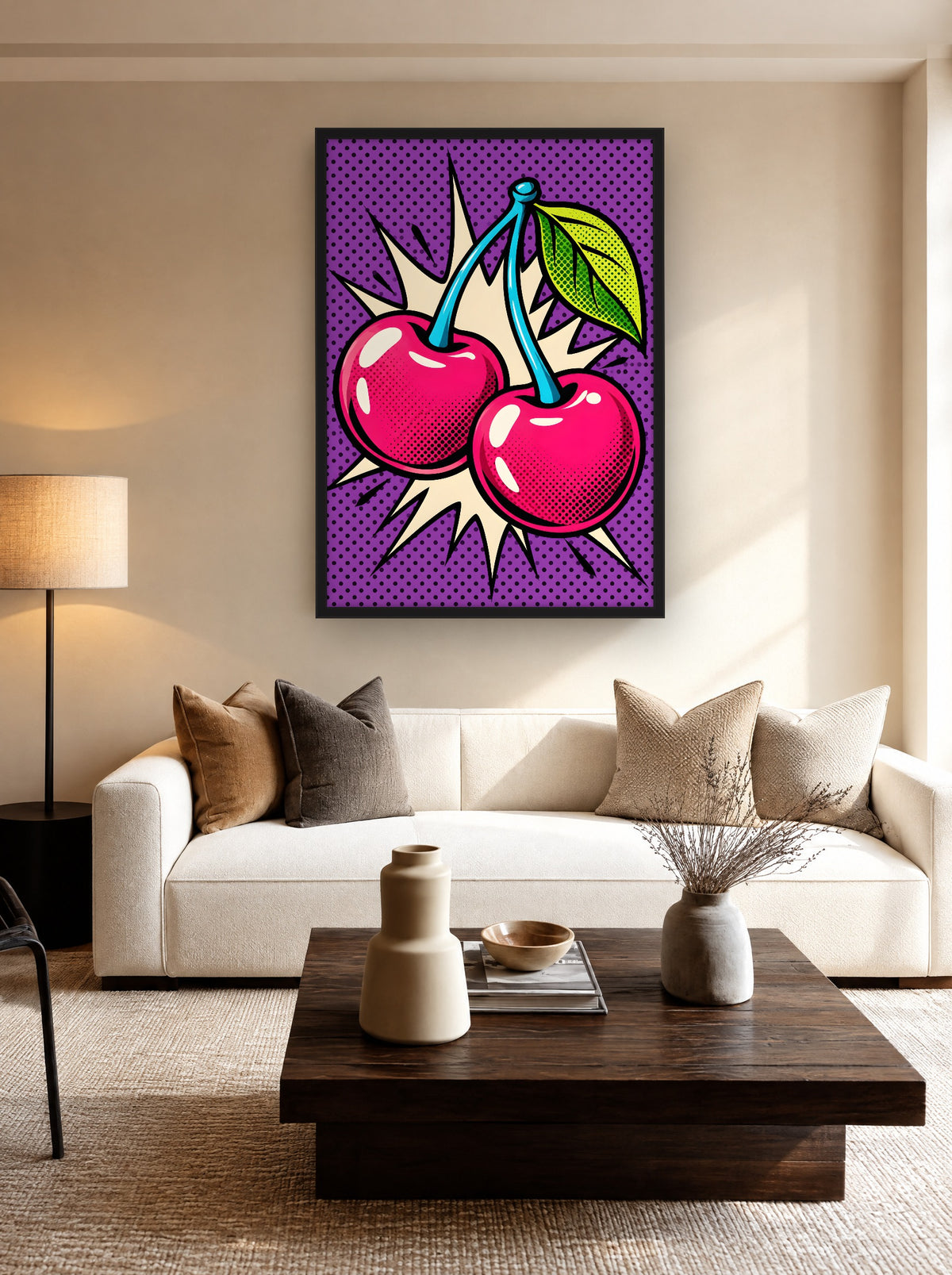 Glanzende Kersen Popart met zwarte lijst aan de muur