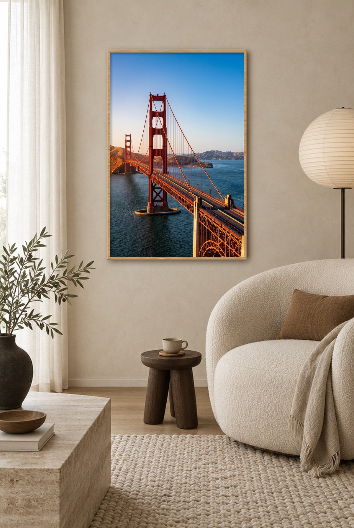 Golden Gate bij Zonsondergang Schilderij met natuur houten lijst aan de muur in de woonkamer