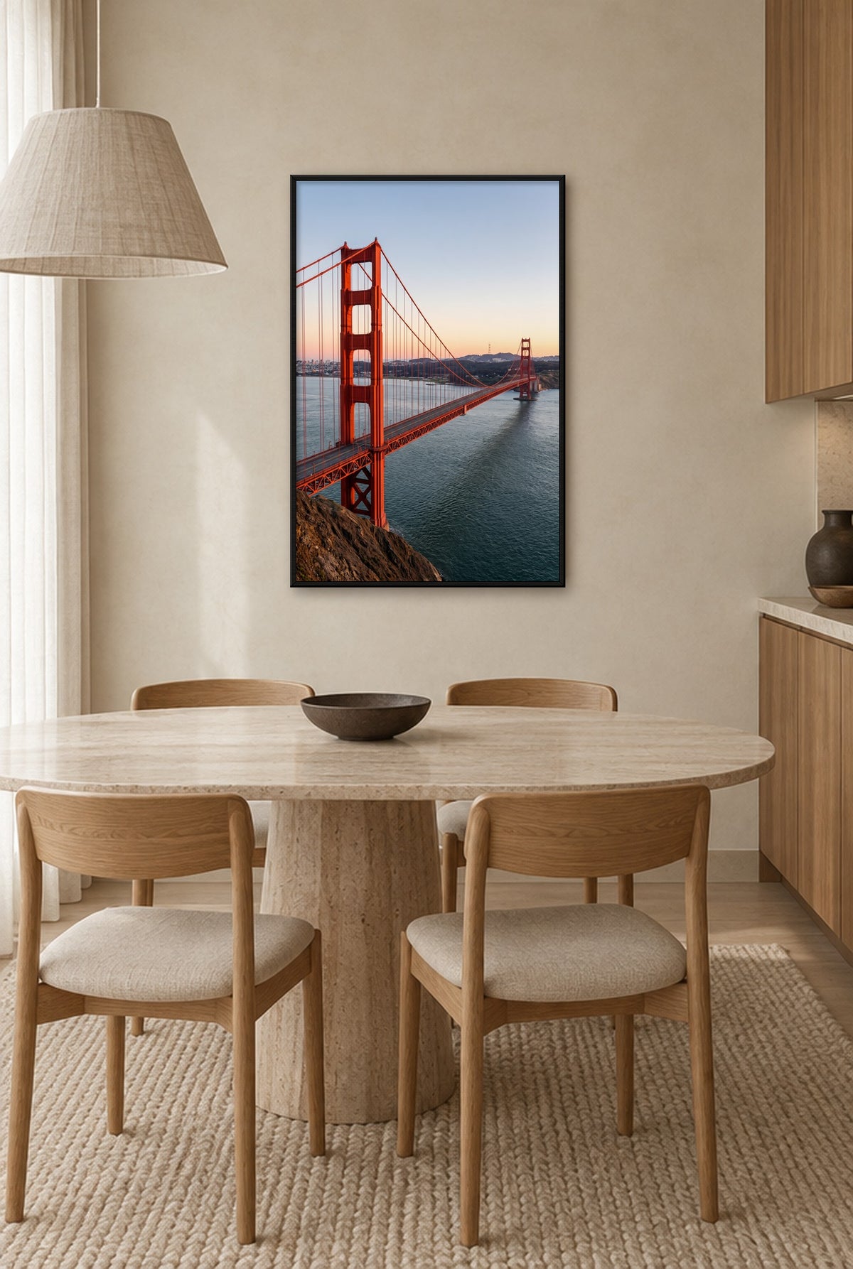 Golden Gate over de Baai Wandbild mit schwarzem Rahmen an der Wand in der Küche