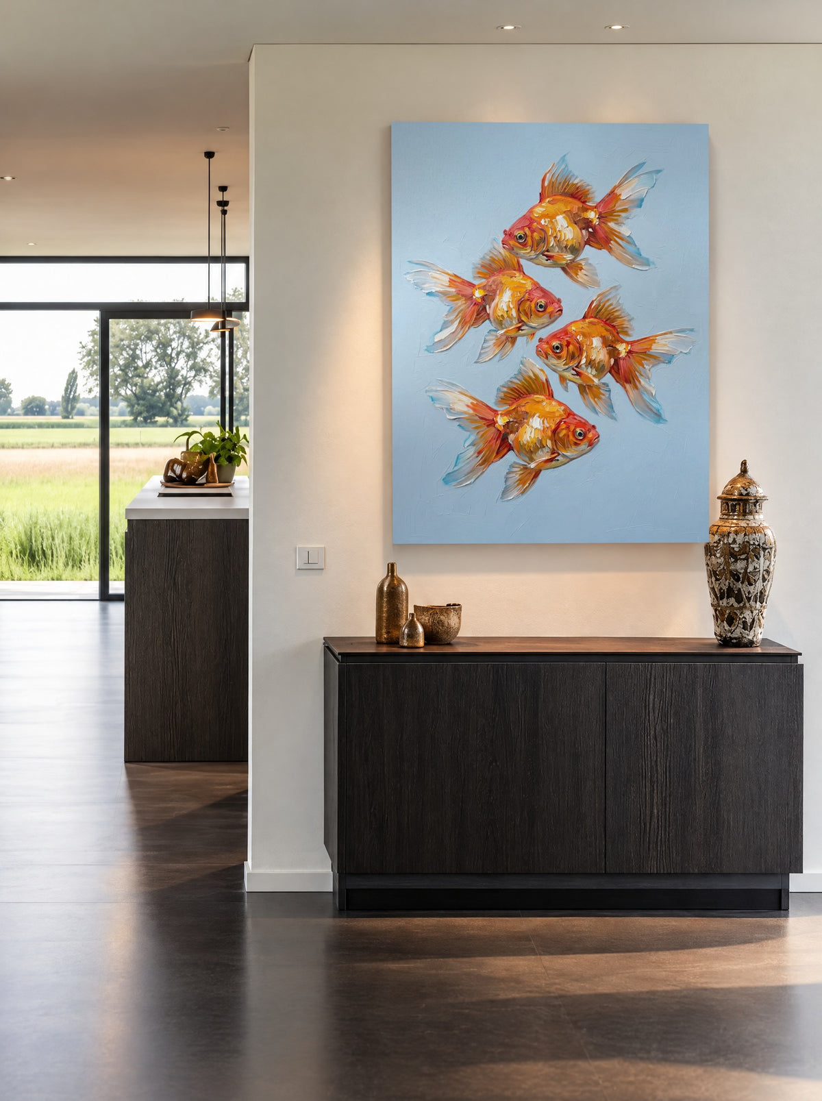 Golden Harmony Koi Quartet als canvas zonder lijst aan de muur