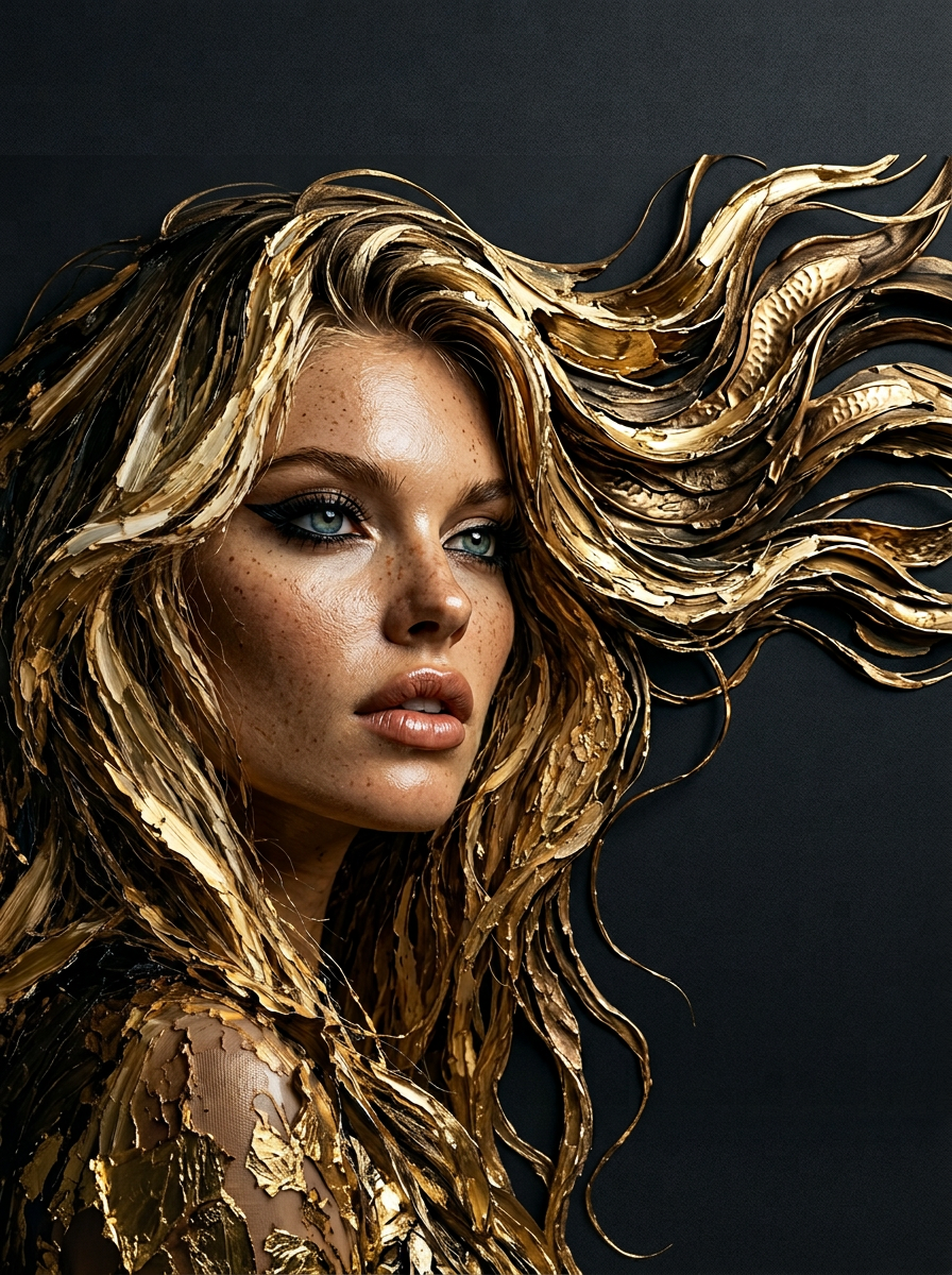 Abstract portret van een vrouw met golvend goudkleurig haar op donkere achtergrond