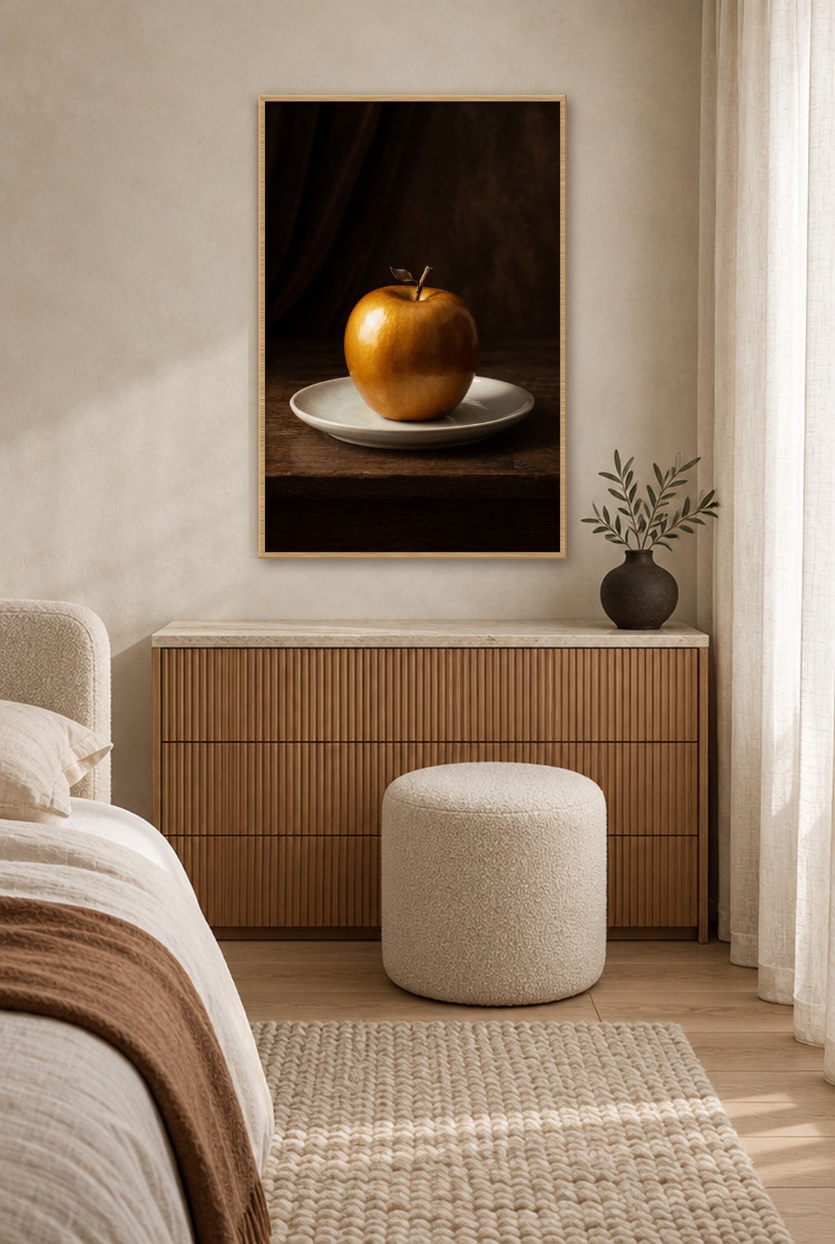 Gouden Appel Stilleven Wandbild mit Naturholzrahmen an der Wand im Schlafzimmer