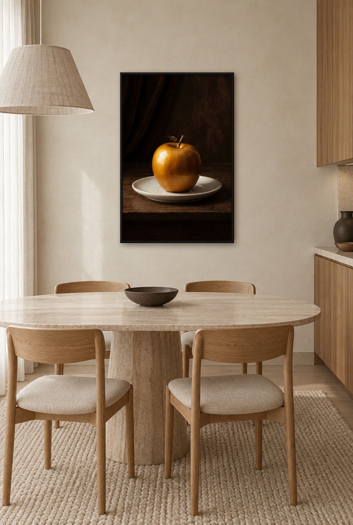 Gouden Appel Stilleven Wandbild mit schwarzem Rahmen an der Wand in der Küche