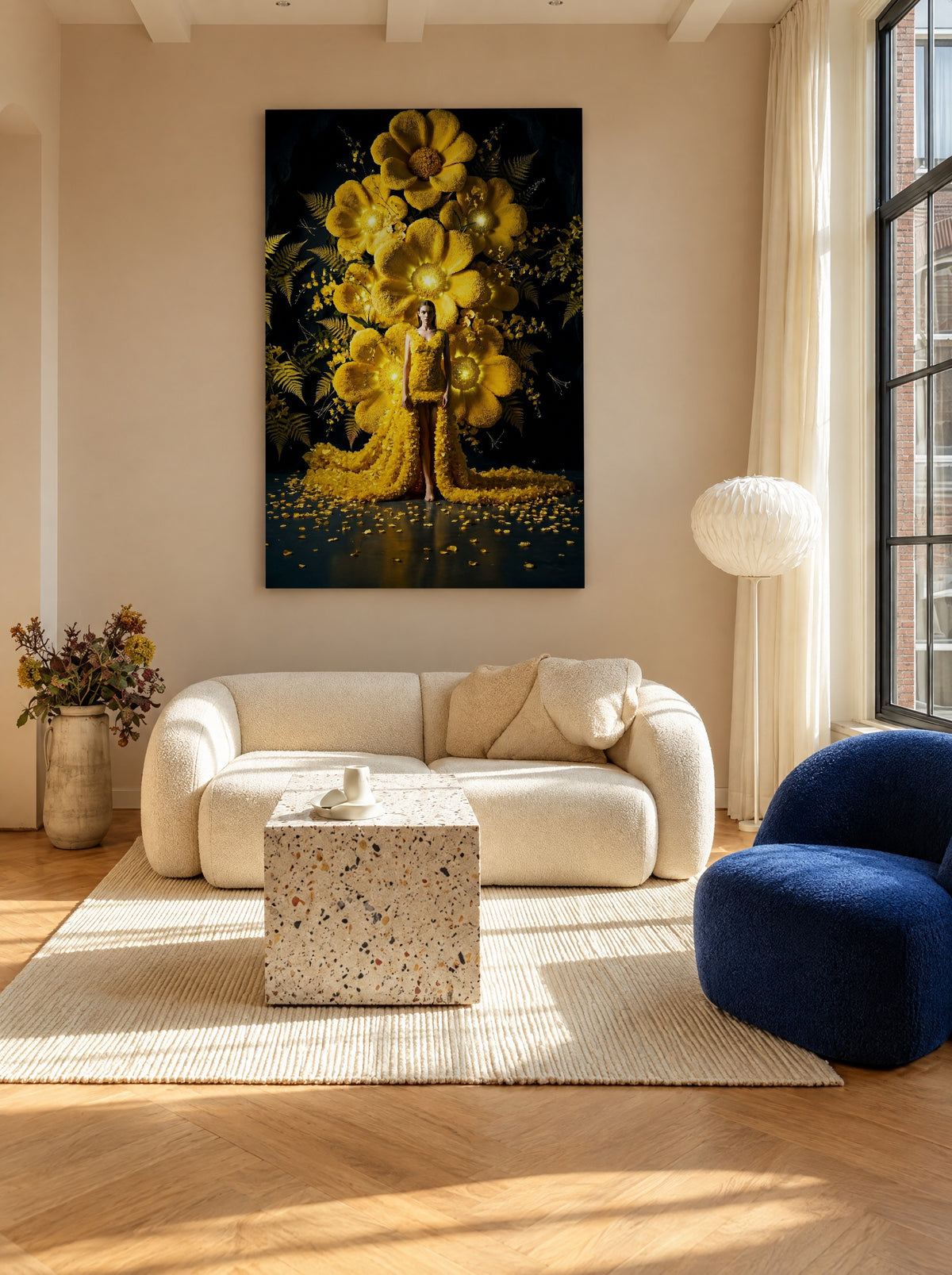 Gouden Bloei bij Nacht als canvas zonder lijst aan de muur