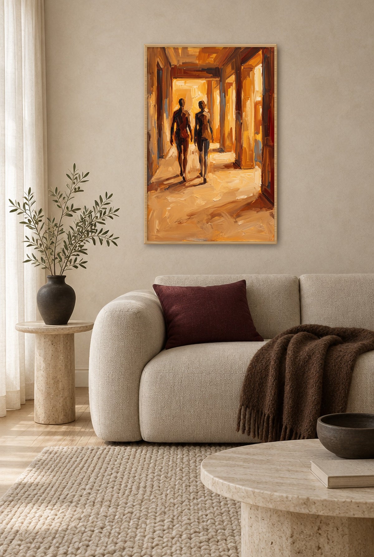 Gouden Doorgang Wandbild mit Naturholzrahmen an der Wand im Wohnzimmer