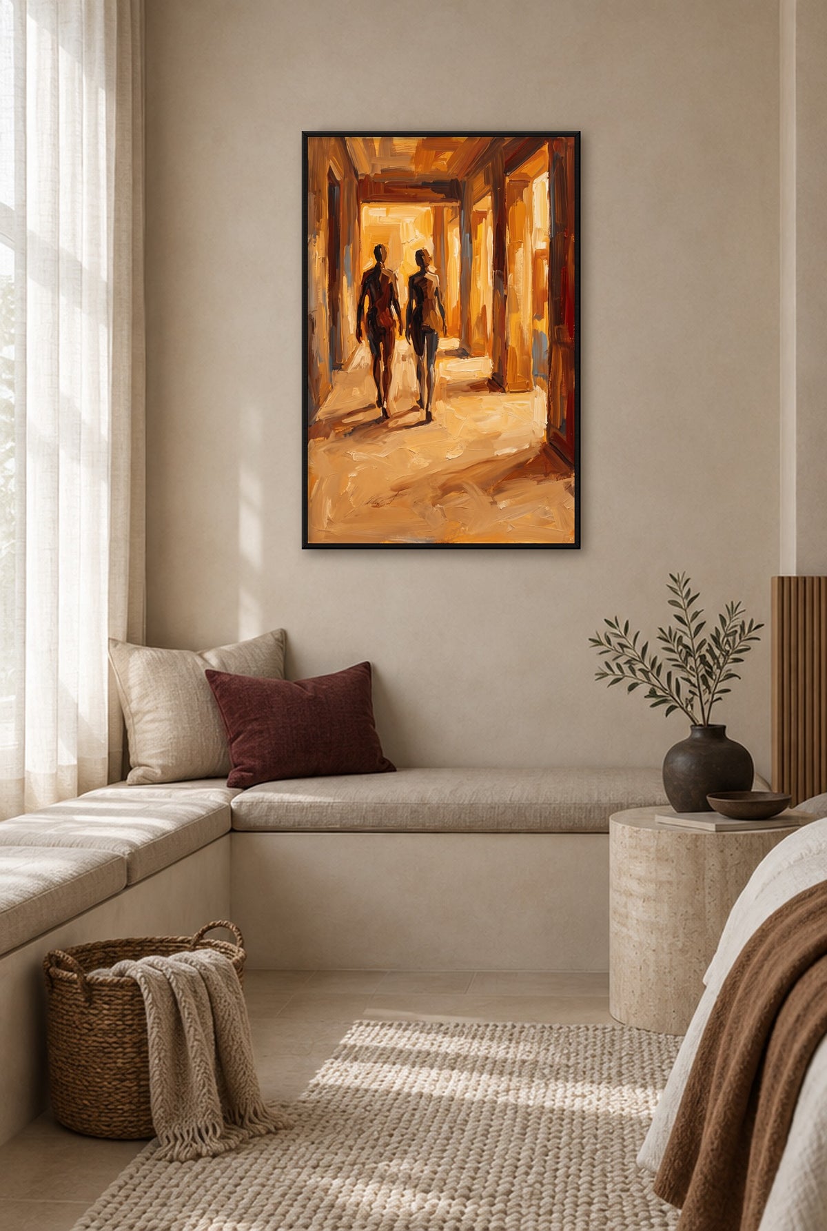 Gouden Doorgang Wandbild mit schwarzem Rahmen an der Wand im Schlafzimmer