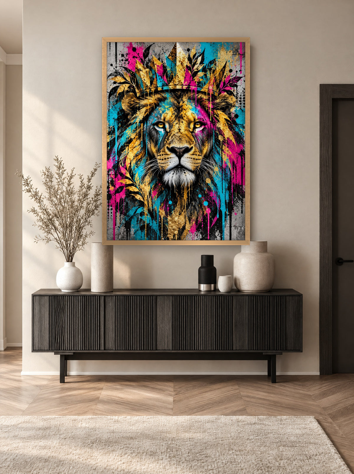 Gouden Leeuw Streetart met natuur houten lijst aan de muur