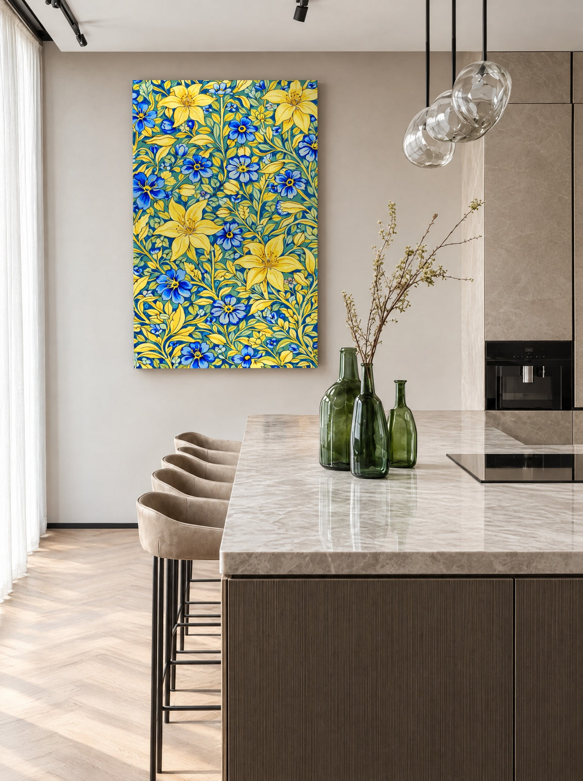 Gouden Lelies & Blauwe Bloesems als canvas zonder lijst aan de muur