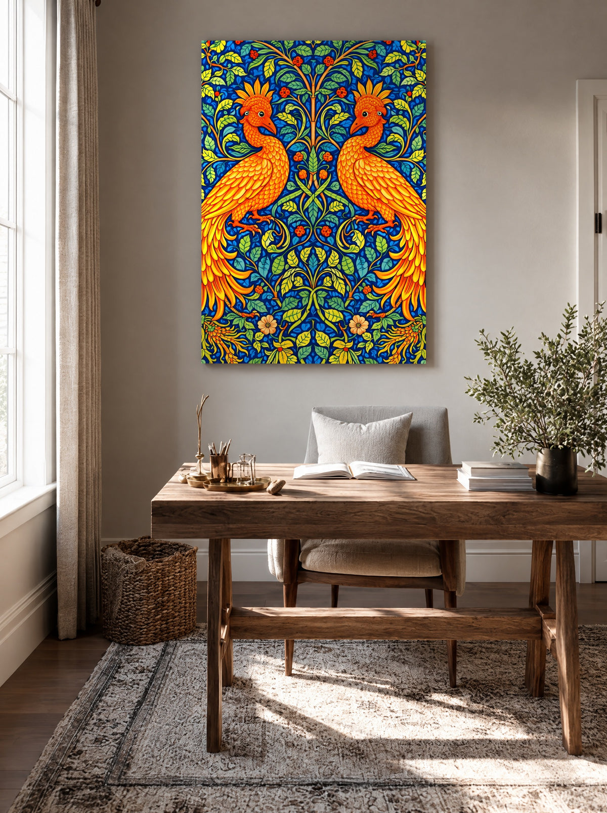 Gouden Paradijsvogels op Koninklijk Blauw als canvas zonder lijst aan de muur