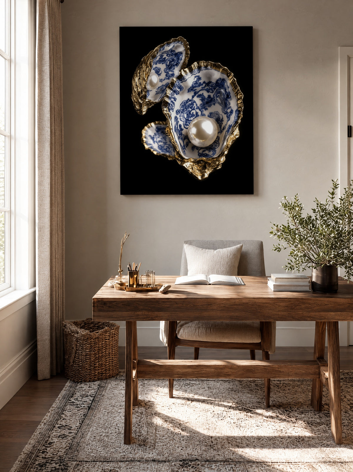 Gouden Schelpen met Parels als canvas zonder lijst aan de muur