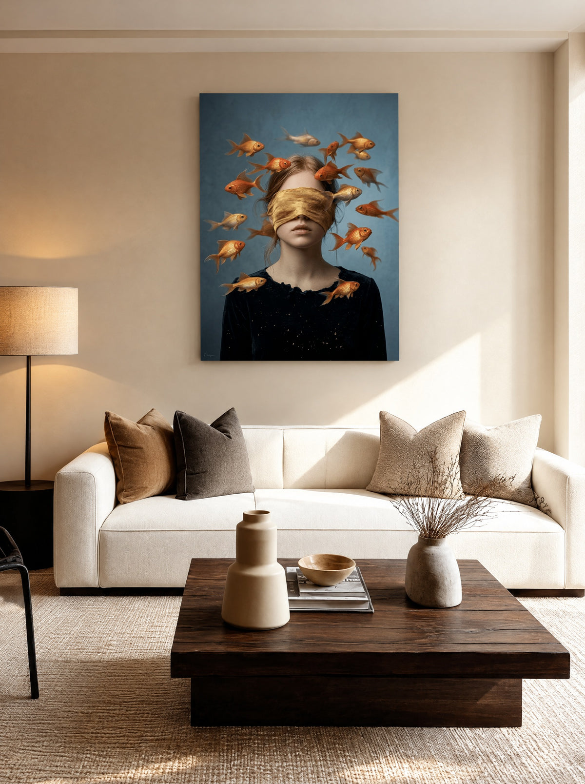 Gouden Stilte tussen de Stromen als canvas zonder lijst aan de muur
