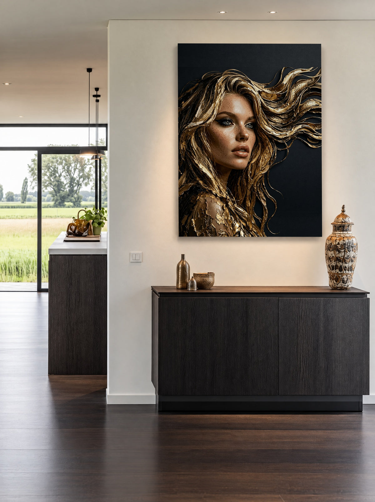 Gouden Stormblik als canvas zonder lijst aan de muur