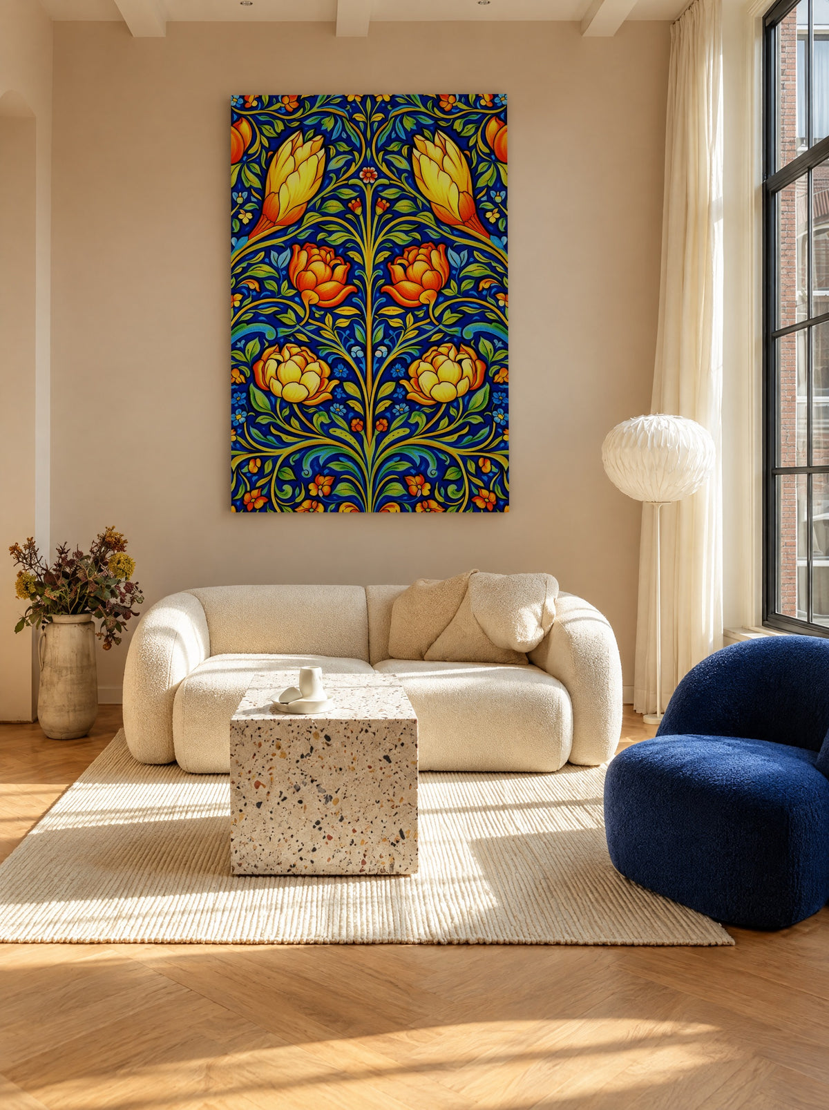 Gouden Tulpen op Koninklijk Blauw als canvas zonder lijst aan de muur