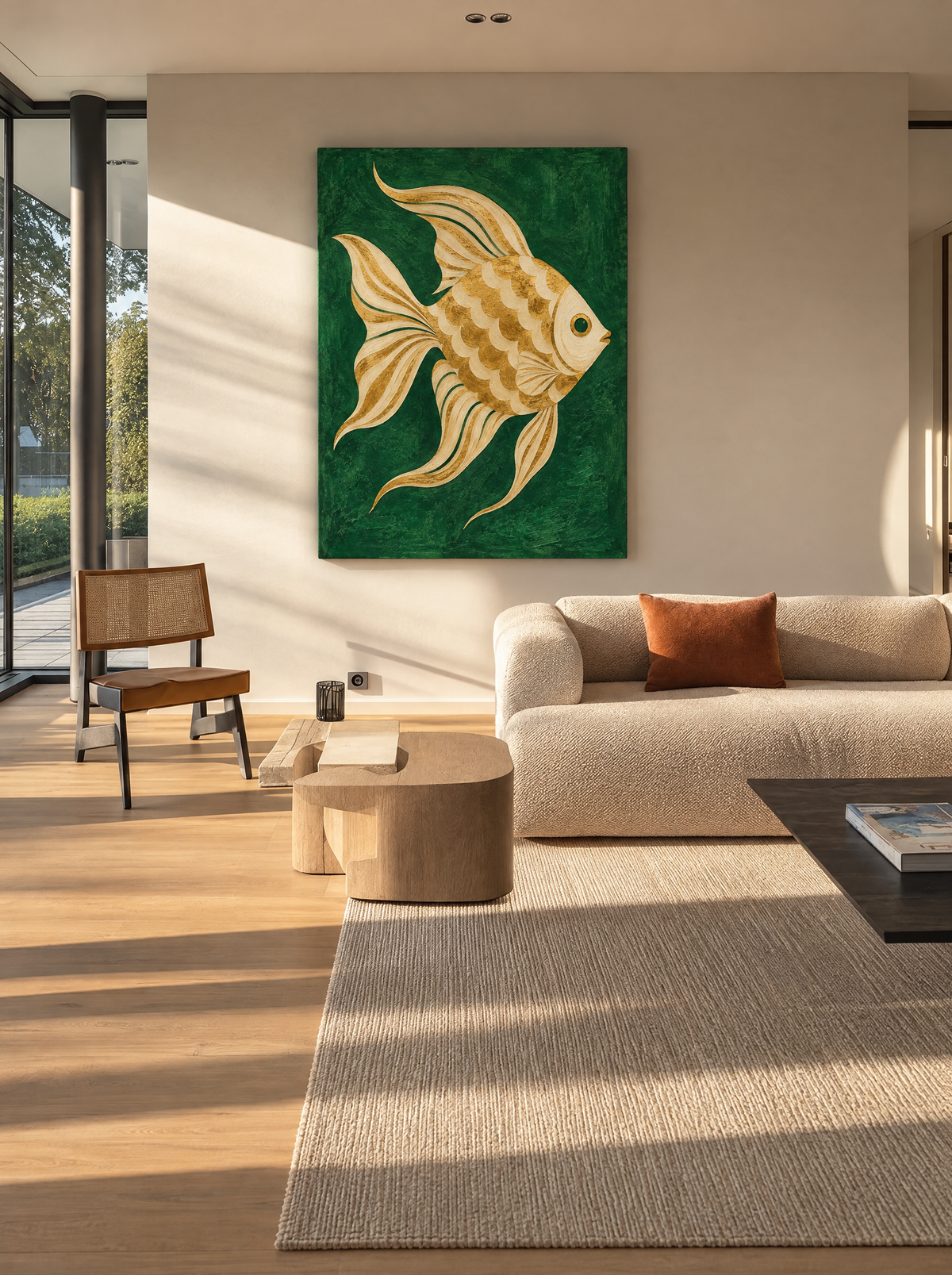 Gouden Vis op Smaragd als canvas zonder lijst aan de muur
