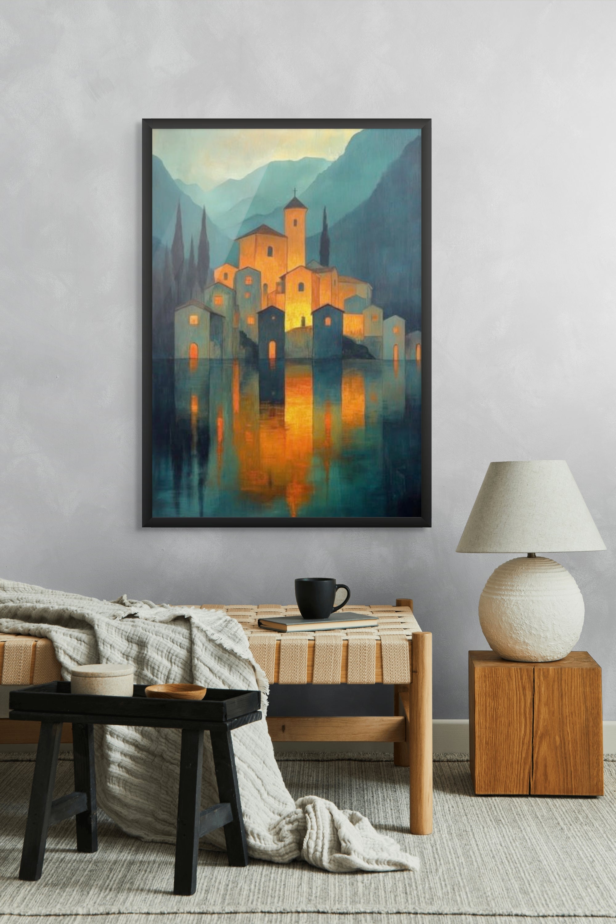 Gouden Gloed aan het Water Wanddecoratie – Sfeervolle Landschap Canvas Print