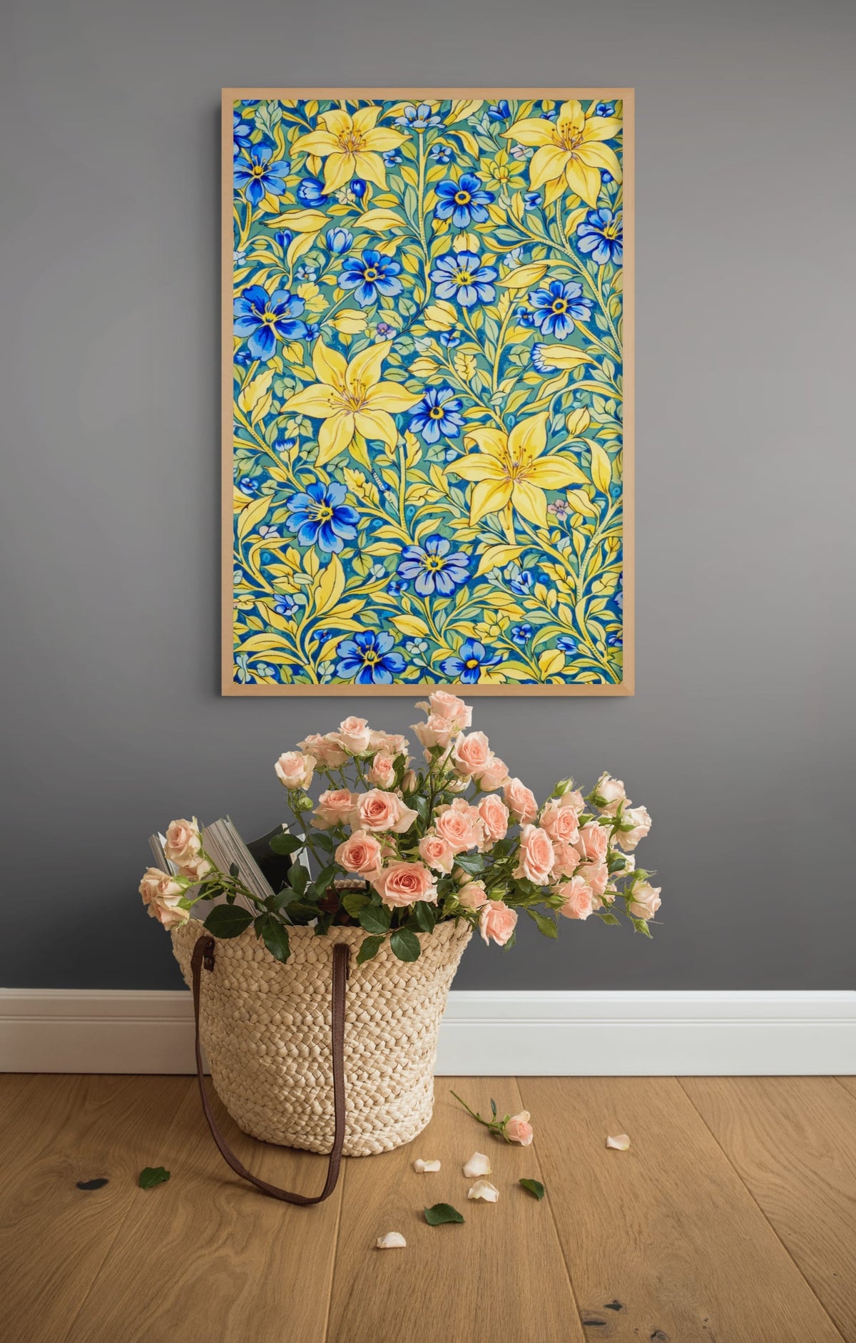 Gouden Lelies & Blauwe Bloesems Schilderij