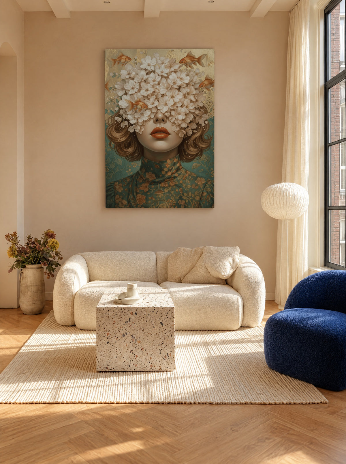 Goudvis Droom in Bloesemsluier als canvas zonder lijst aan de muur