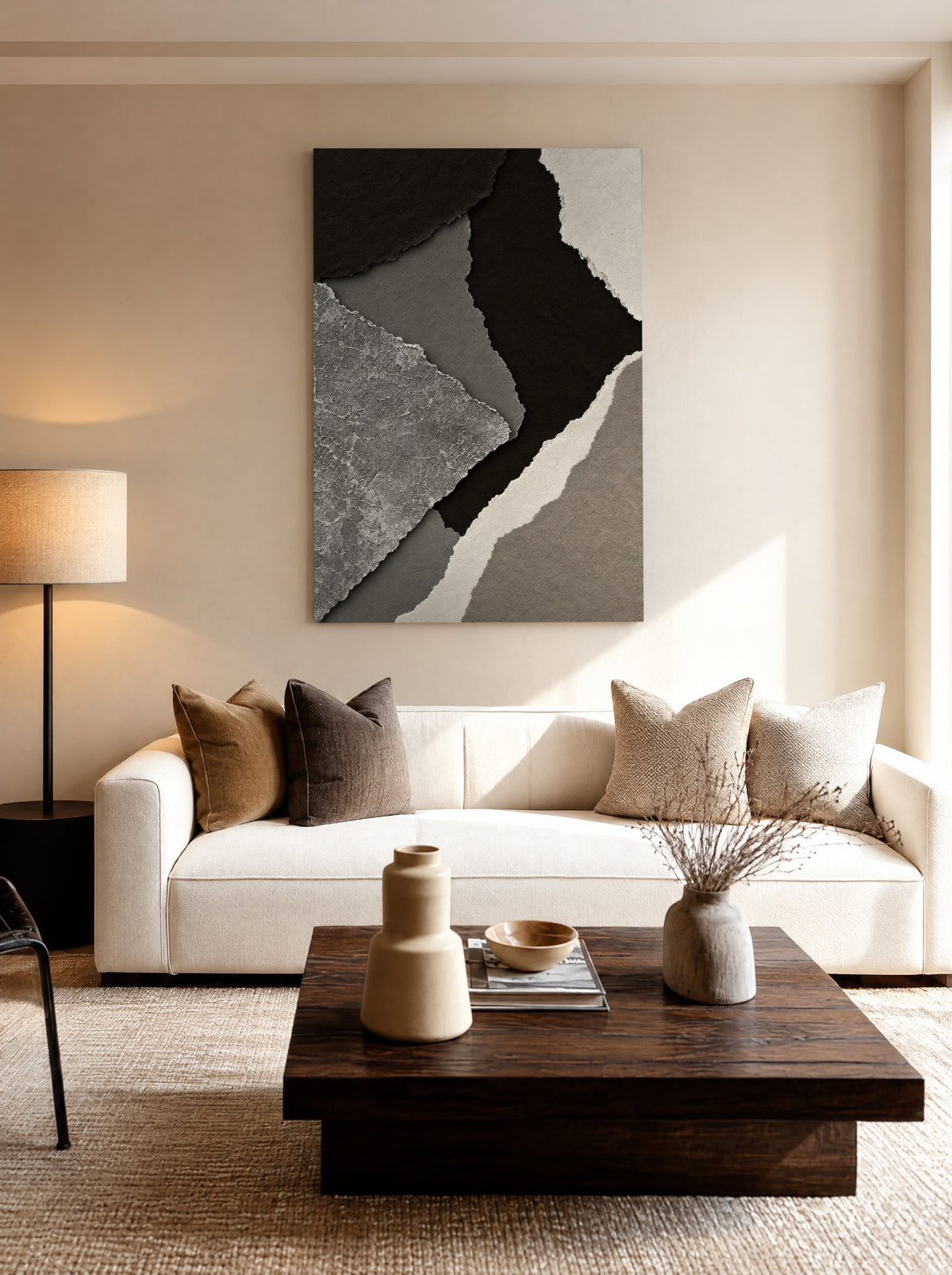 Grijze Aardlagen met Craquelé als canvas zonder lijst aan de muur
