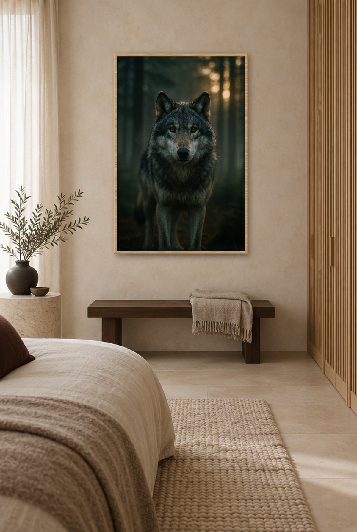 Grijze Wachter in Ochtendmist Wandbild mit Naturholzrahmen an der Wand im Schlafzimmer