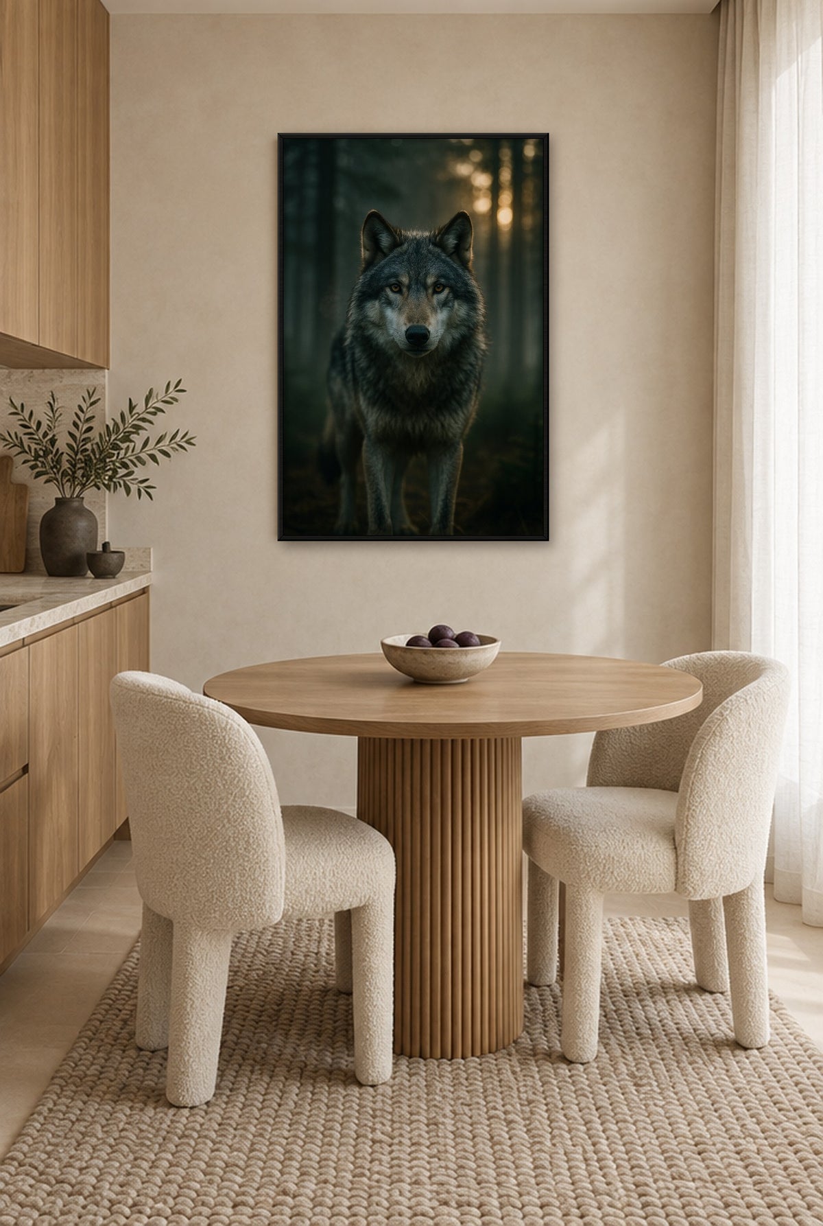 Grijze Wachter in Ochtendmist Wandbild mit schwarzem Rahmen an der Wand in der Küche