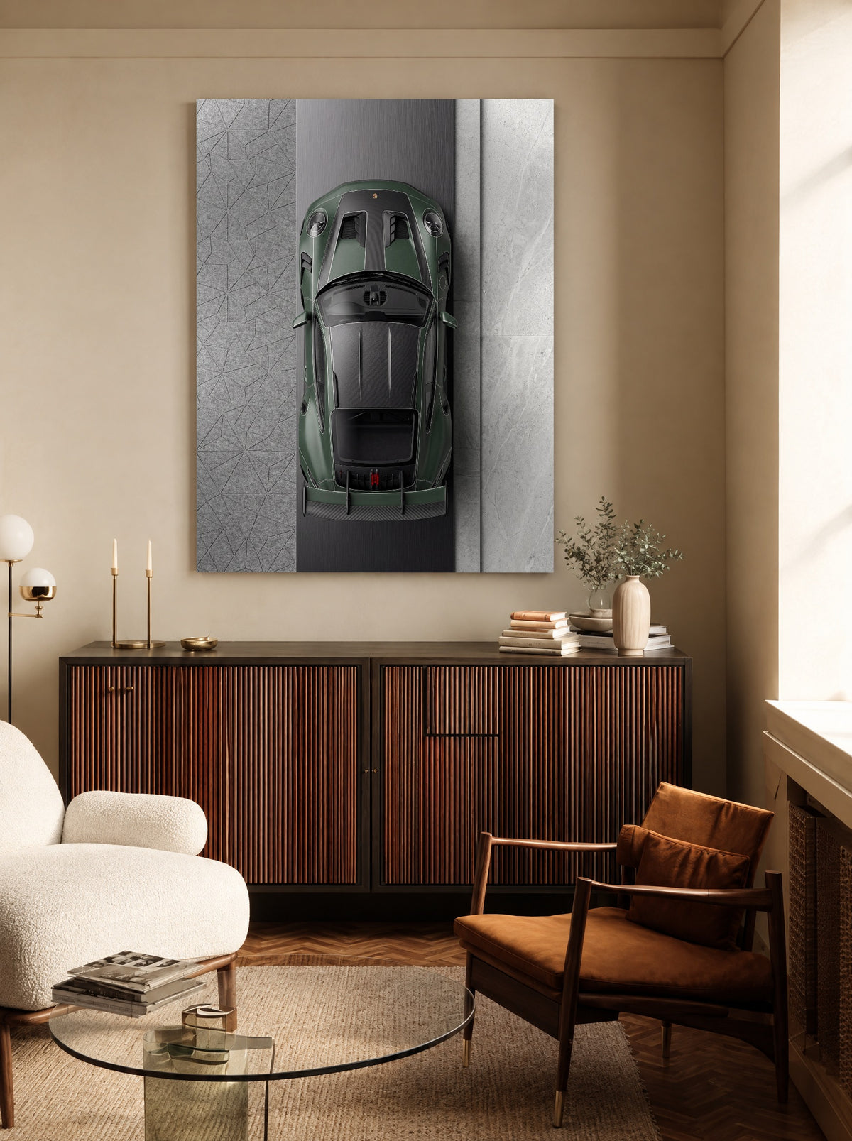 Groene Sportwagen van Bovenaf als canvas zonder lijst aan de muur
