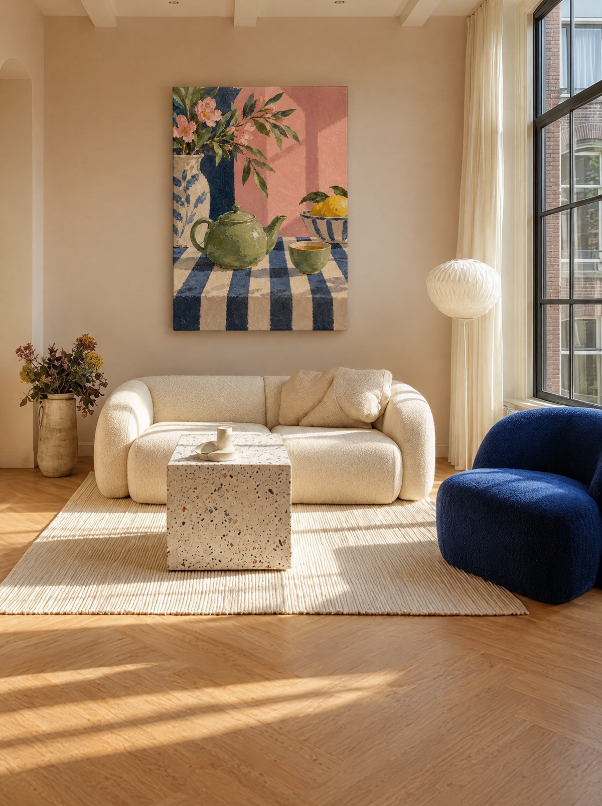 Groene Theepot op Gestreept Kleed als canvas zonder lijst aan de muur