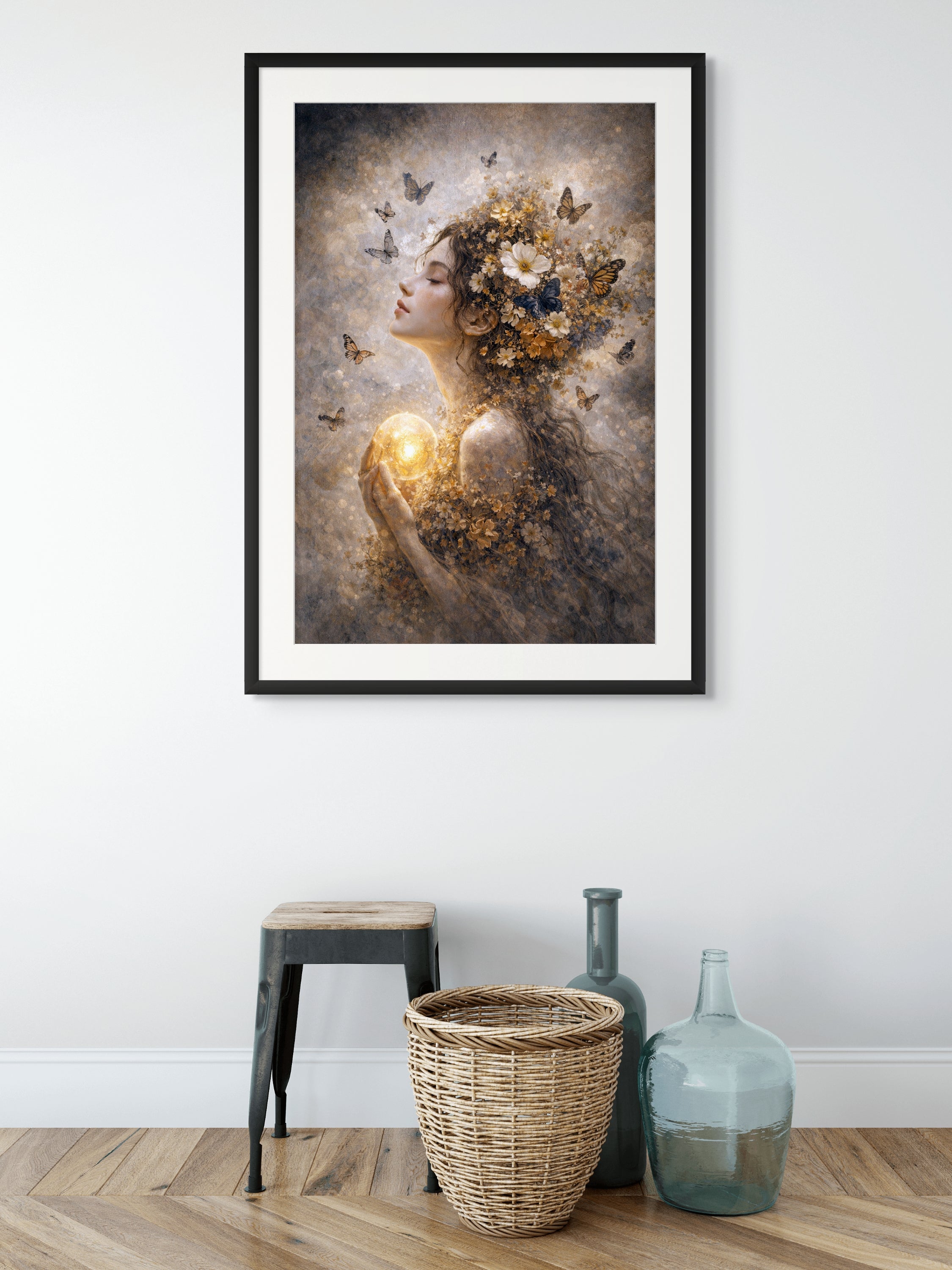 Ingelijste kunstprint van een vrouw met gouden licht en vlinders aan een witte muur