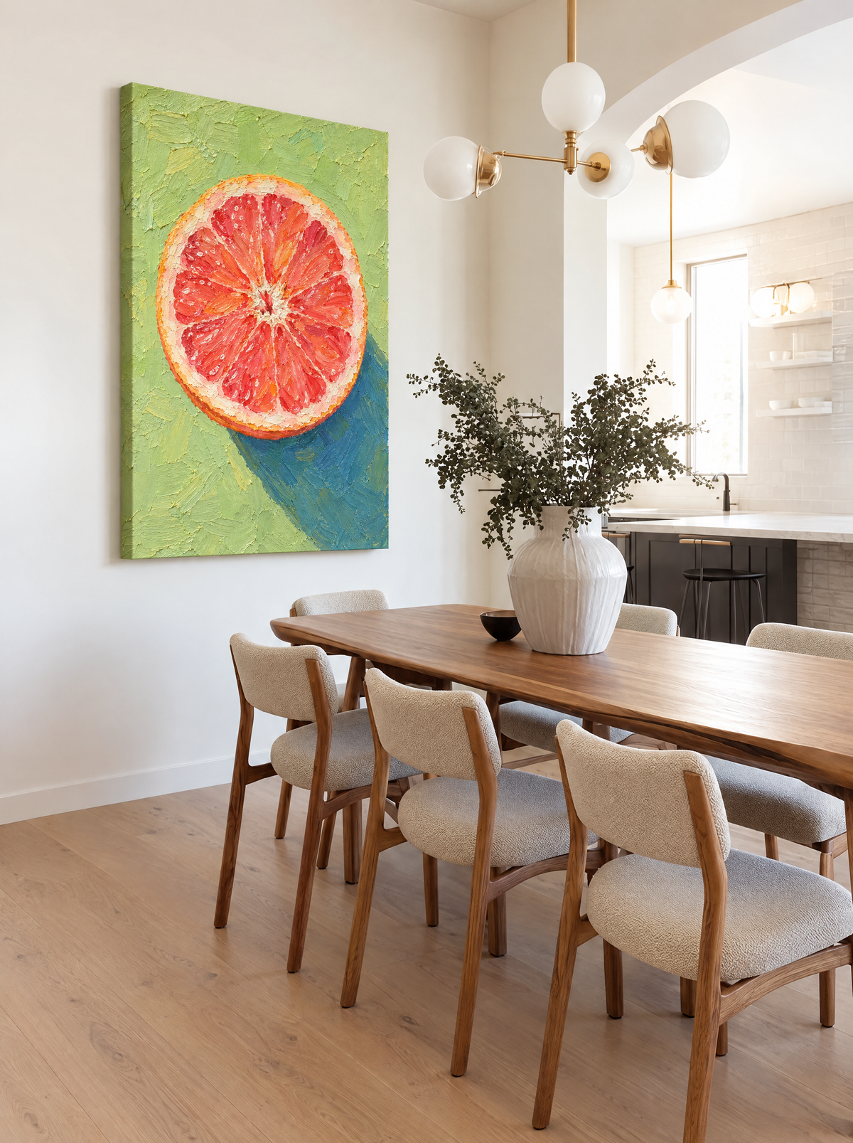 Halve Grapefruit op Groen als canvas zonder lijst aan de muur