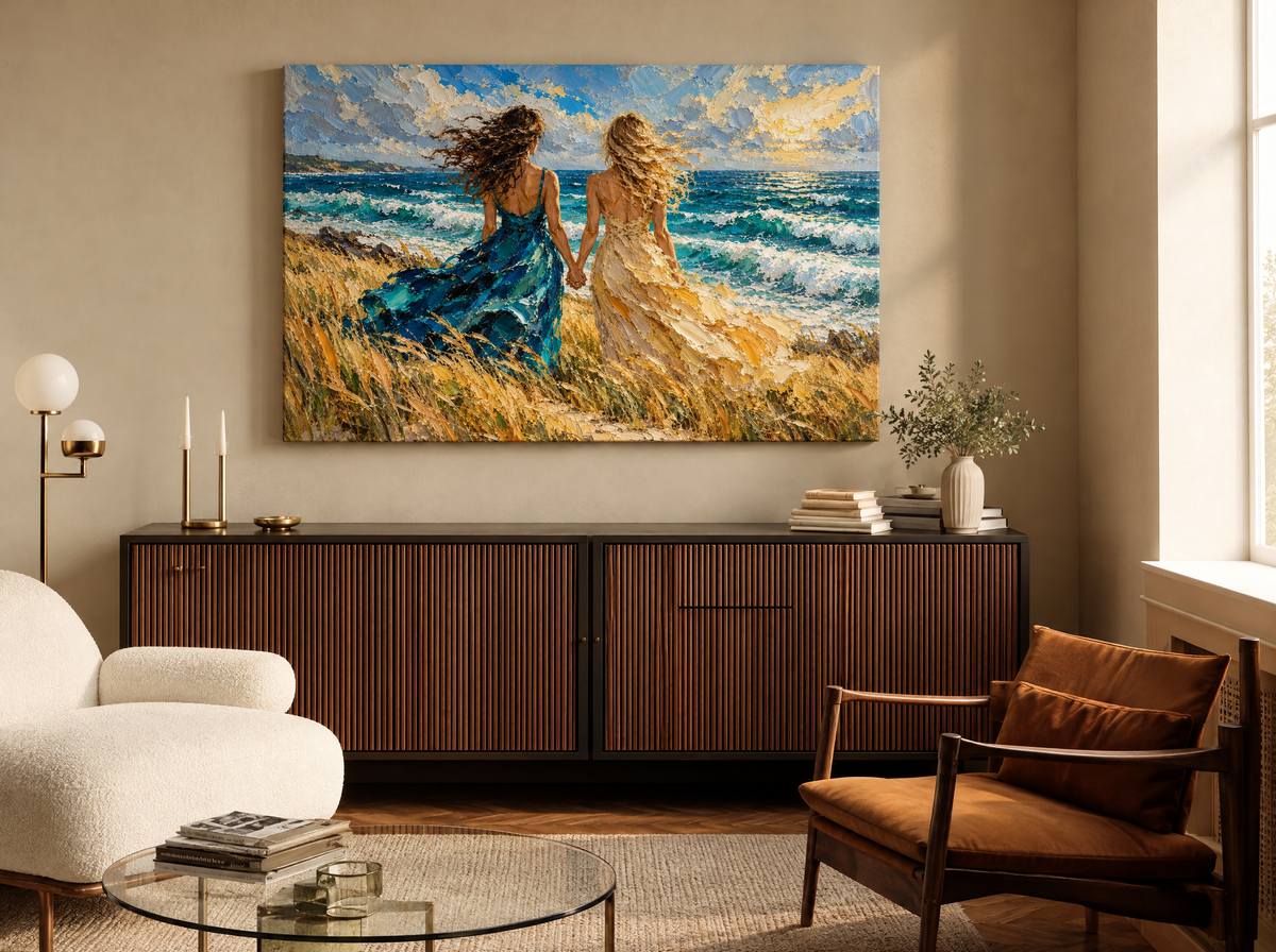 Hand in Hand aan Zee als canvas zonder lijst aan de muur