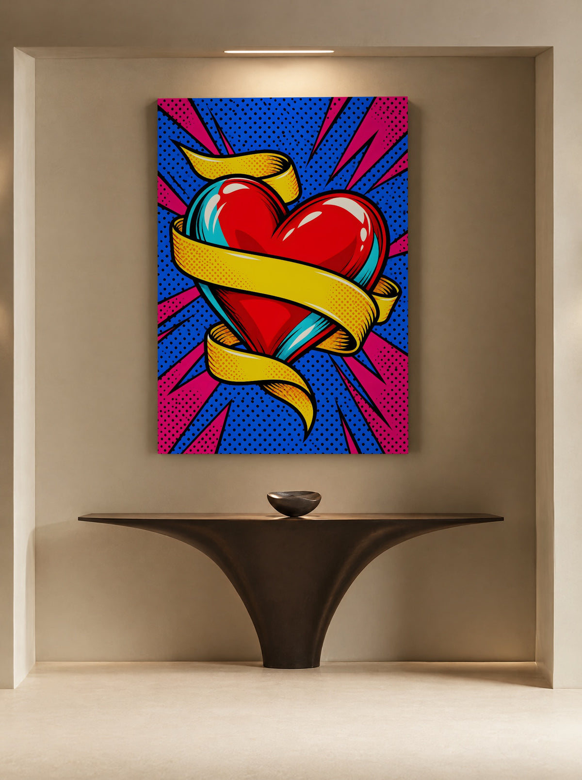 Hart in Popart Kleurenroes als canvas zonder lijst aan de muur