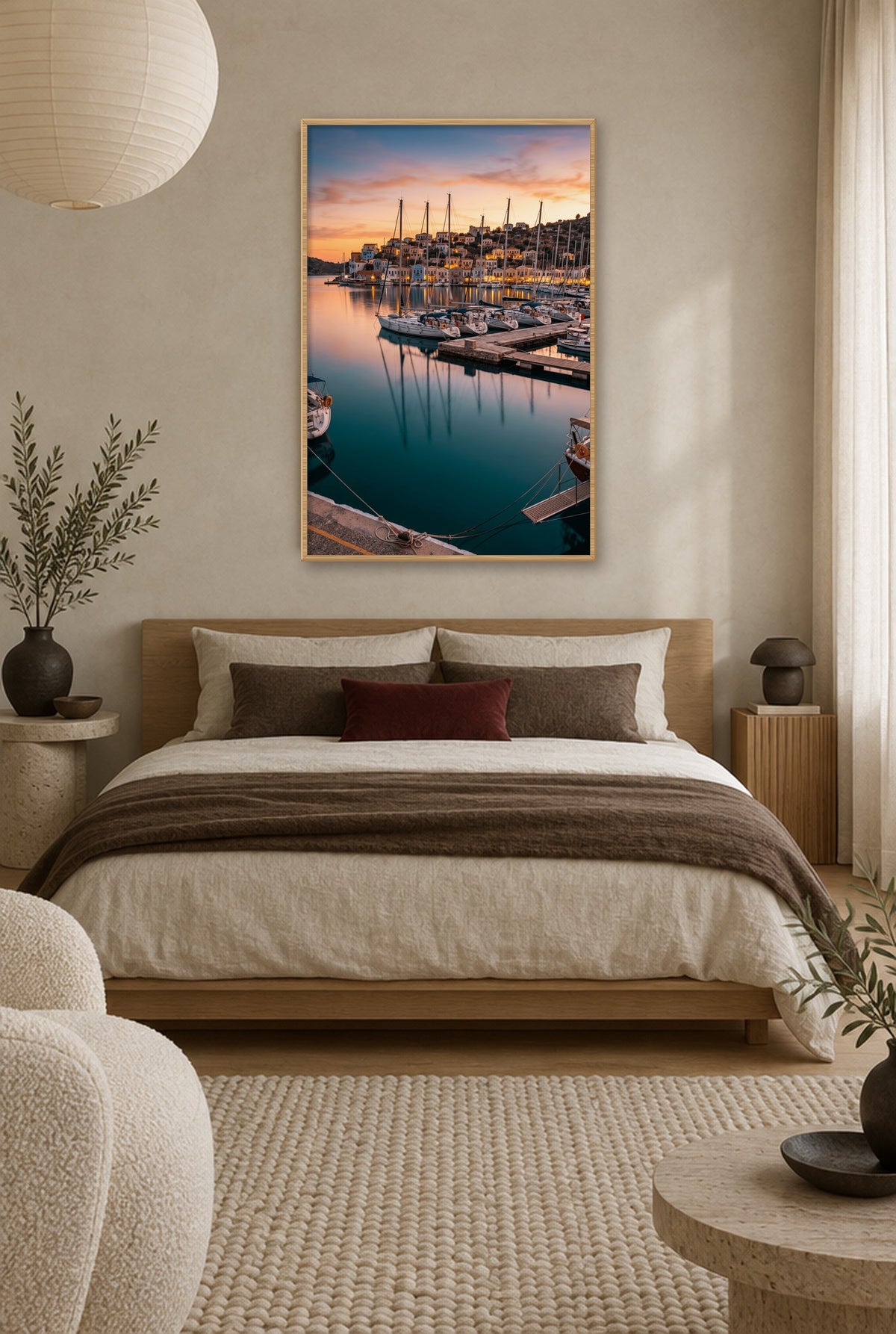 Haven bij Avondlicht Wandbild mit Naturholzrahmen an der Wand im Schlafzimmer